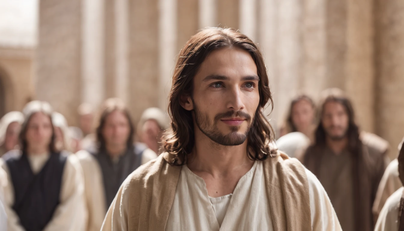 Jesus Christ smiling walking inside the temple in the midst of the crowd of people