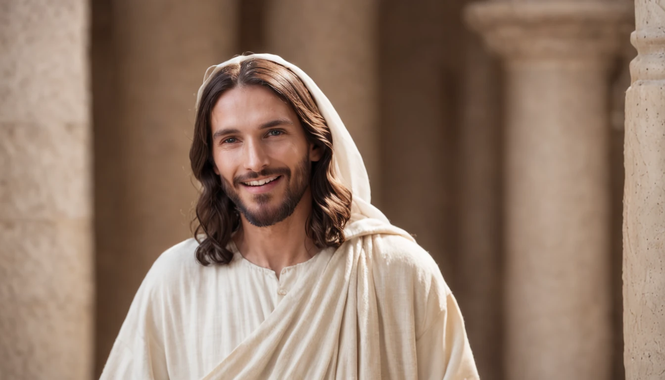 Jesus Christ smiling walking inside the temple in the midst of the crowd of people