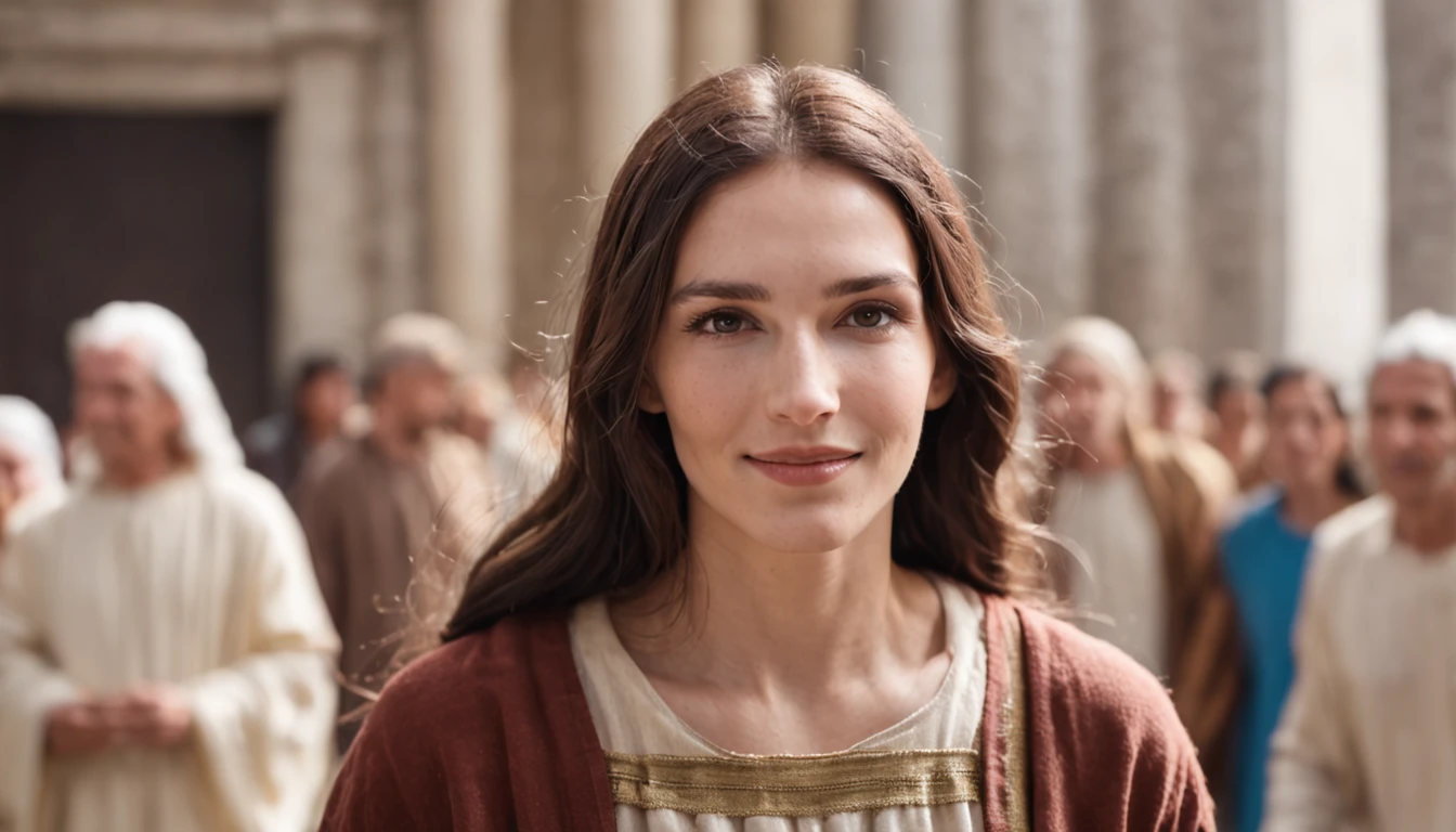 Jesus Christ smiling walking inside the temple in the midst of the crowd of people
