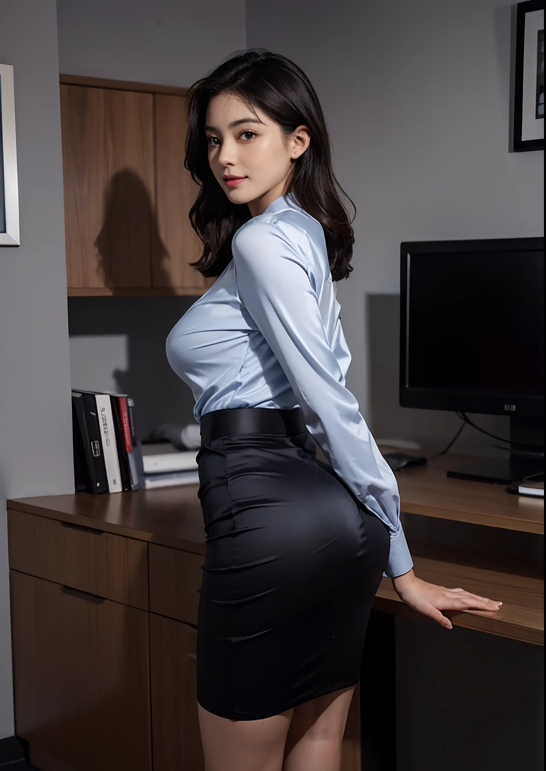 (RAW Photos: 1.2), (Photorealistic: 1.4), (Masterpiece: 1.3), (Best Quality: 1.4), Ultra High Resolution, Landscape, Solo Focus, (Full Body), (Detailed Eyes), (Detailed Facial Features), Tight Skin, (Shiny Skin), (One Girl, Solo), Happy, Smile, Bob Hair, long sleeve shirt,( formal satin pencil skirt), perfect style, (Erection, emerge, streak), waist shot, side view, hips curve, ass protruding, office, office suit, super beautiful lady,satin pencil skirt, grey satin, big sexy ass, perfect body proportion