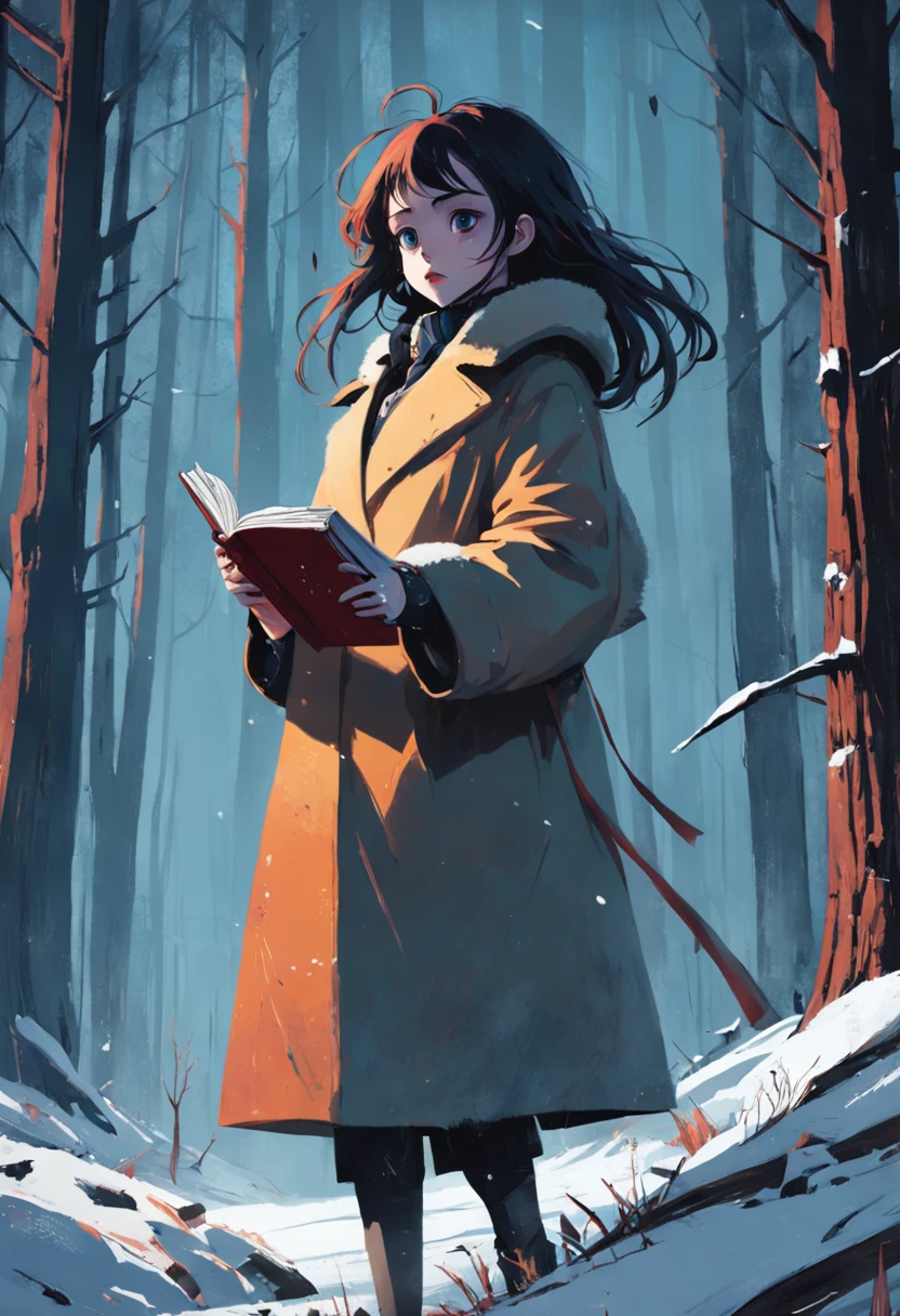 Une femme lisant un livre en marchant dans les bois. En hiver. Neige. Dans le style de Adrian Ghenie, Minimalisme inkpunk. Dans le style Tim Burton.