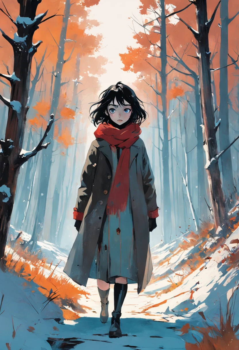 Une femme lisant un livre en marchant dans les bois. En hiver. Neige. Dans le style de Adrian Ghenie, Minimalisme inkpunk. Dans le style Tim Burton.