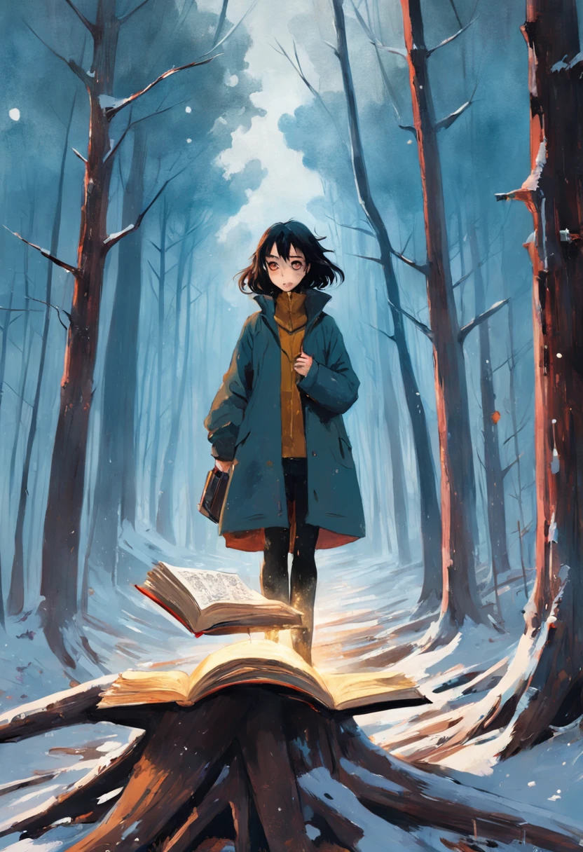 Une femme lisant un livre en marchant dans les bois. En hiver. Neige. Dans le style de Adrian Ghenie, Minimalisme inkpunk. Dans le style Tim Burton.