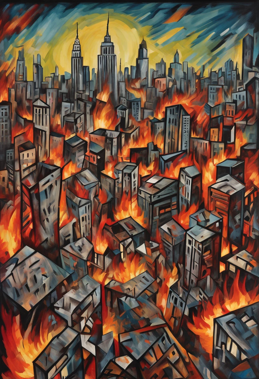 WARNING: Disturbing Content: early cubist painting depicting the september 11th 2001 attacks on new york city, violent and fiery, rubble and debris