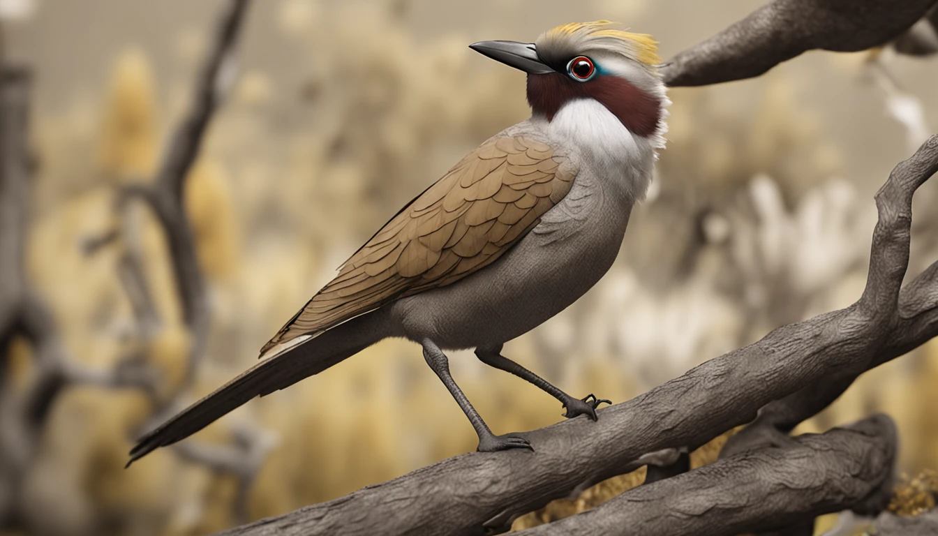 Masked diamond bird yellow beak where brown eyes beige body and dark brown tail on the pate down beige all over its body that is in a tree is the main protagonist Natural realistic rendering, fotorrealista altamente detallado, render fotorrealista, Arte conceptual fotorrealista, Render hiper real, Renderizado 3D realista rojo, Aves f CGsociety, Imagen fotorrealista, fotorrealista altamente detallado, Renderizado detallado hiperrealista, Imagen detallada fotorrealista, Red bird, super detailed render, Renderizado de alta calida