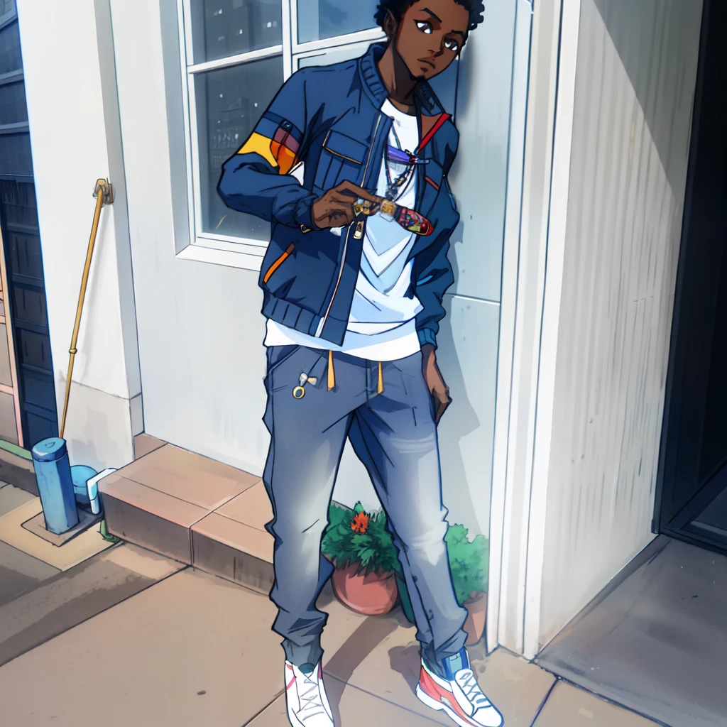 there is an African man standing in front of a building with a jacket on, with a cool pose, looking heckin cool and stylish, sakuga gunplay, in style of davey adesida, taken in the early 2020s, cool pose, photo shoot, modelling, mongezi ncaphayi, stylish pose, fullbody shot