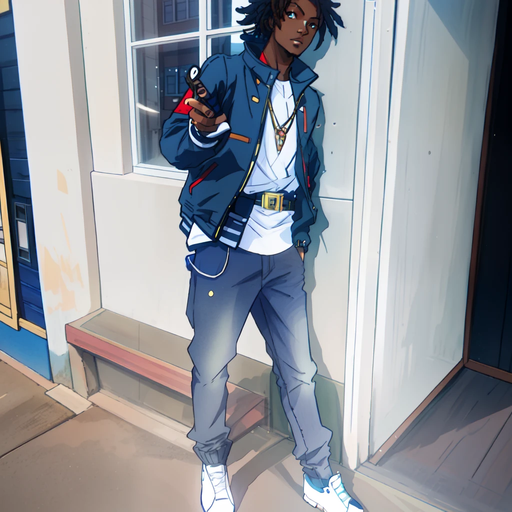 there is an African man standing in front of a building with a jacket on, with a cool pose, looking heckin cool and stylish, sakuga gunplay, in style of davey adesida, taken in the early 2020s, cool pose, photo shoot, modelling, mongezi ncaphayi, stylish pose, fullbody shot