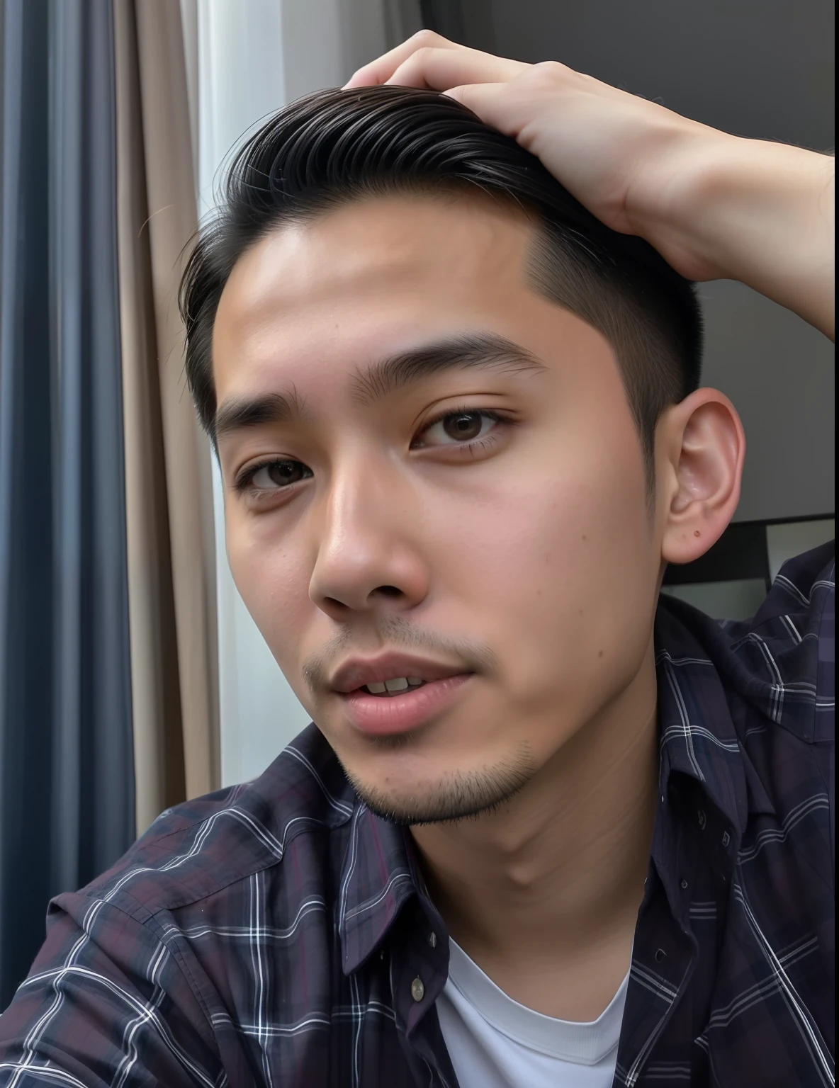 Allard man sitting in front of window in plaid shirt and tie, Asian male, 2 7 years old, 2 8 years old, yanjun cheng, taken in the early 2020s, 2 9 years old, handsome chad chin, 2 3 years old, 21 years old, 2 2 years old, 2 4 years old