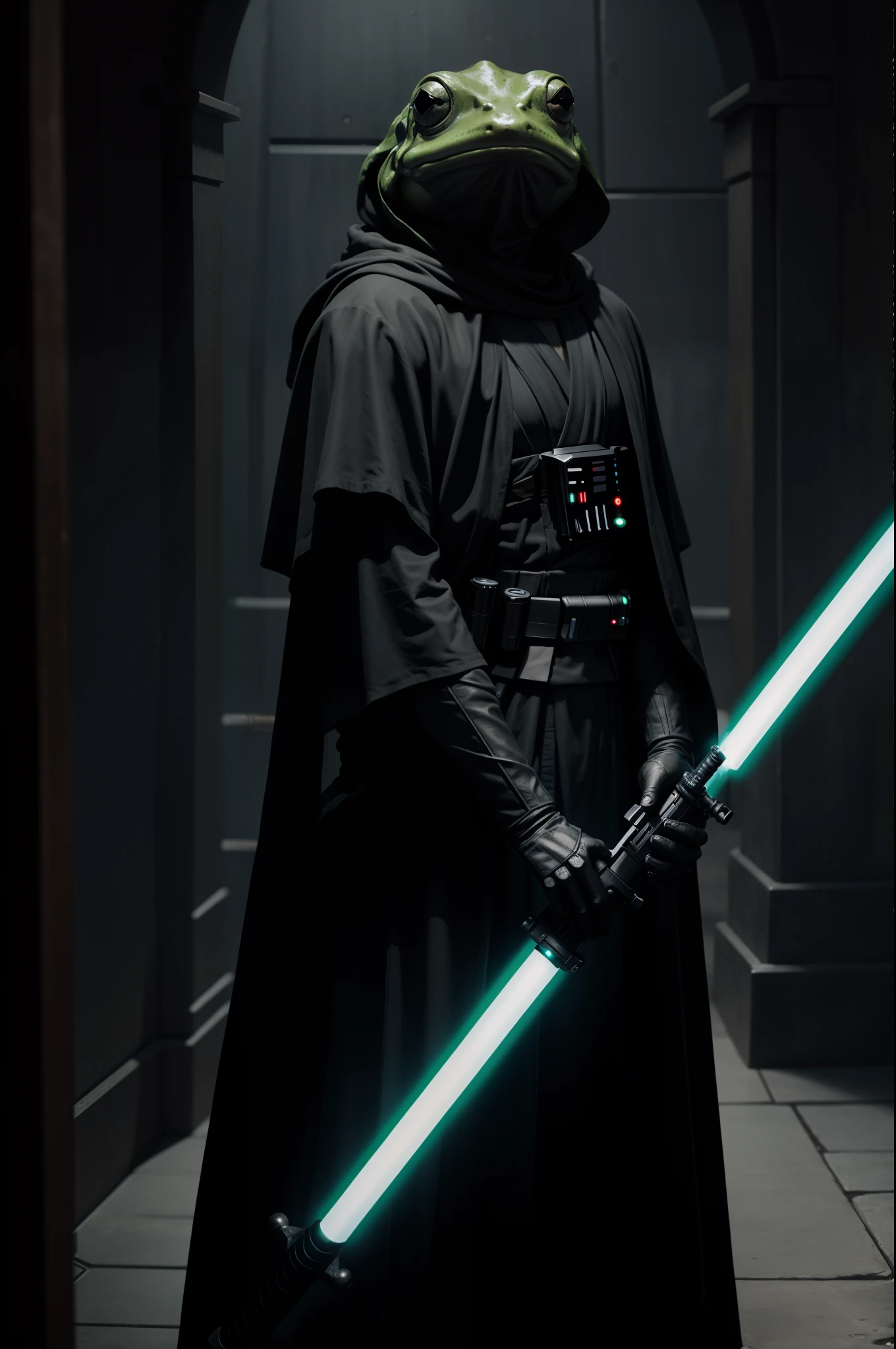 A jedi knight frog in all black, lightsaber in hand, stands at guard