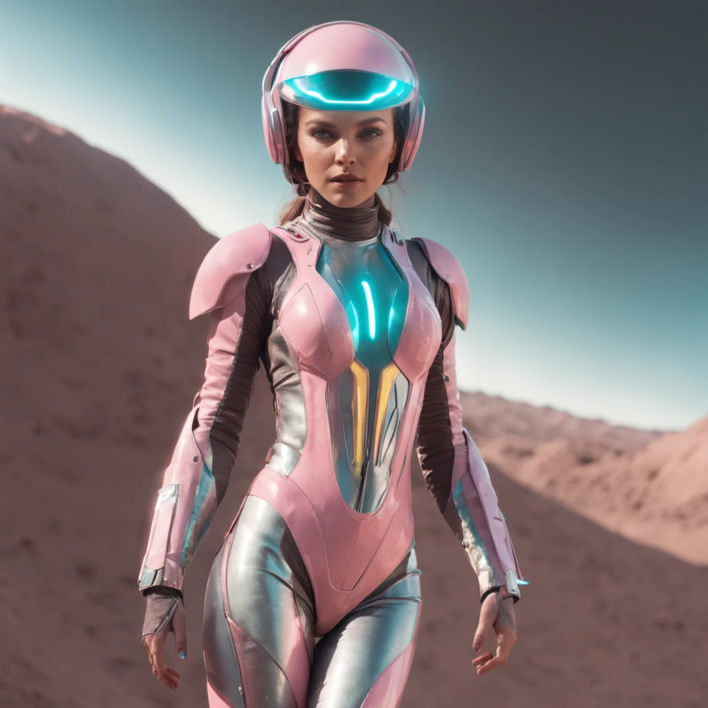 Beautiful supermodel with a cutting edge futuristic hitech pink yellow turqois astronaut's bodysuit] on, spacegun, exploring a strange alien planet, aubrey plaze, scarlett johanssen, mila kunis, marisa tomei, kate beckinsale, cutting edge futuristic pink yellow turqois visor helmet, huge shoulderpads, fashionable, 8K, HDR, photorealism, depth of field, 8k resolution, HDR, cinematic selfie shot, super-8, 35mm, luminous details on suit, volumetric lighting, action shot, attacking avast alien base, full body action shot, shooting laser at bioluminescent alien lifeforms, ambient occlusion, looking into camera