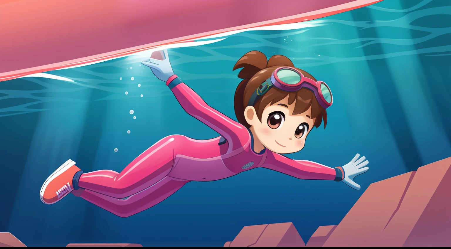 ((2D illustration style))Shoot from a rear perspective,A 5--old l swims in the deep sea,She has brown hair,Wear goggles,Wearing a pink wetsuit,Diving gloves and diving shoes,Full body view。