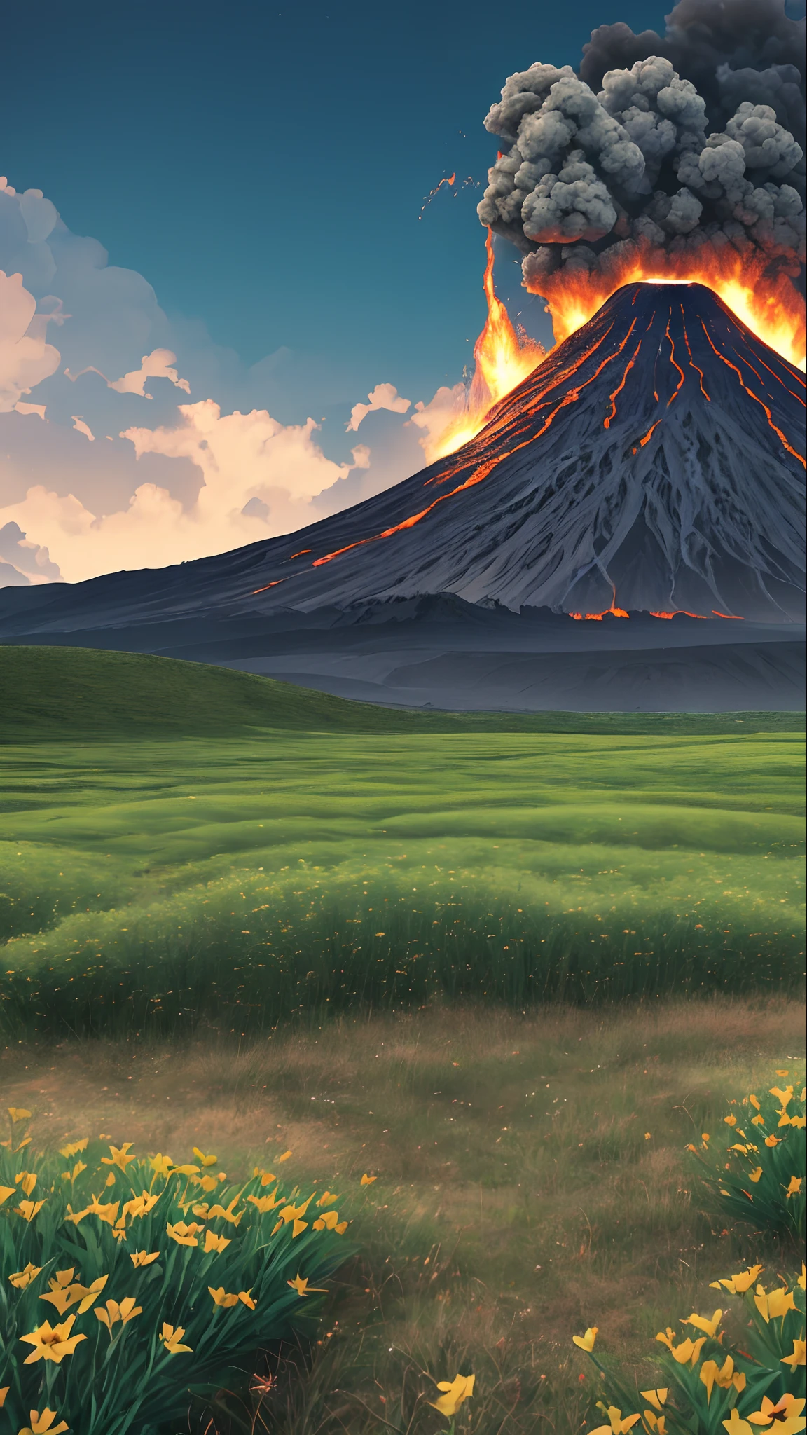 "Generate a realistic image in aspect ratio 16:9 que exiba uma floresta densa em primeiro plano. Atravessando a floresta, There is a vast green field extending to an erupting volcano on the horizon. The image should evoke a sense of beauty and wonder mixed with a slight sense of danger coming from the volcano." --auto --s2