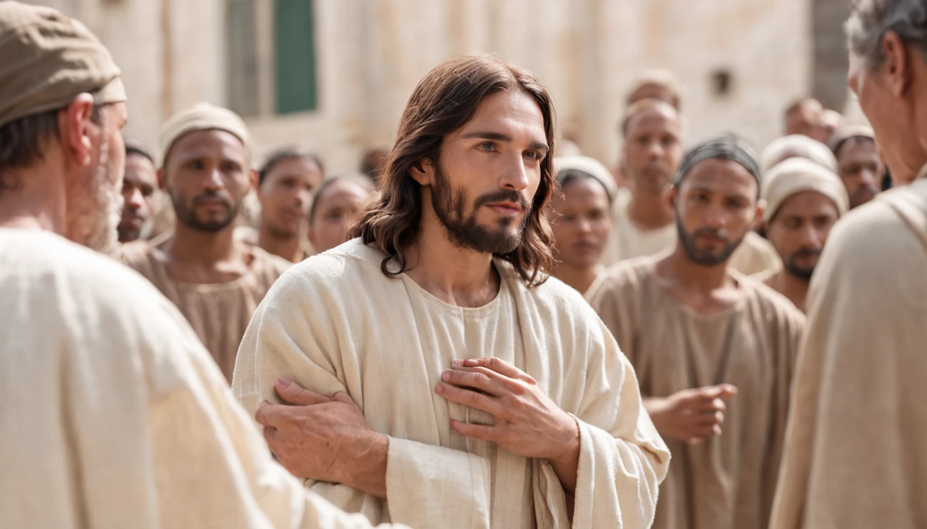 Jesus Christ healing a cripple in the crowd