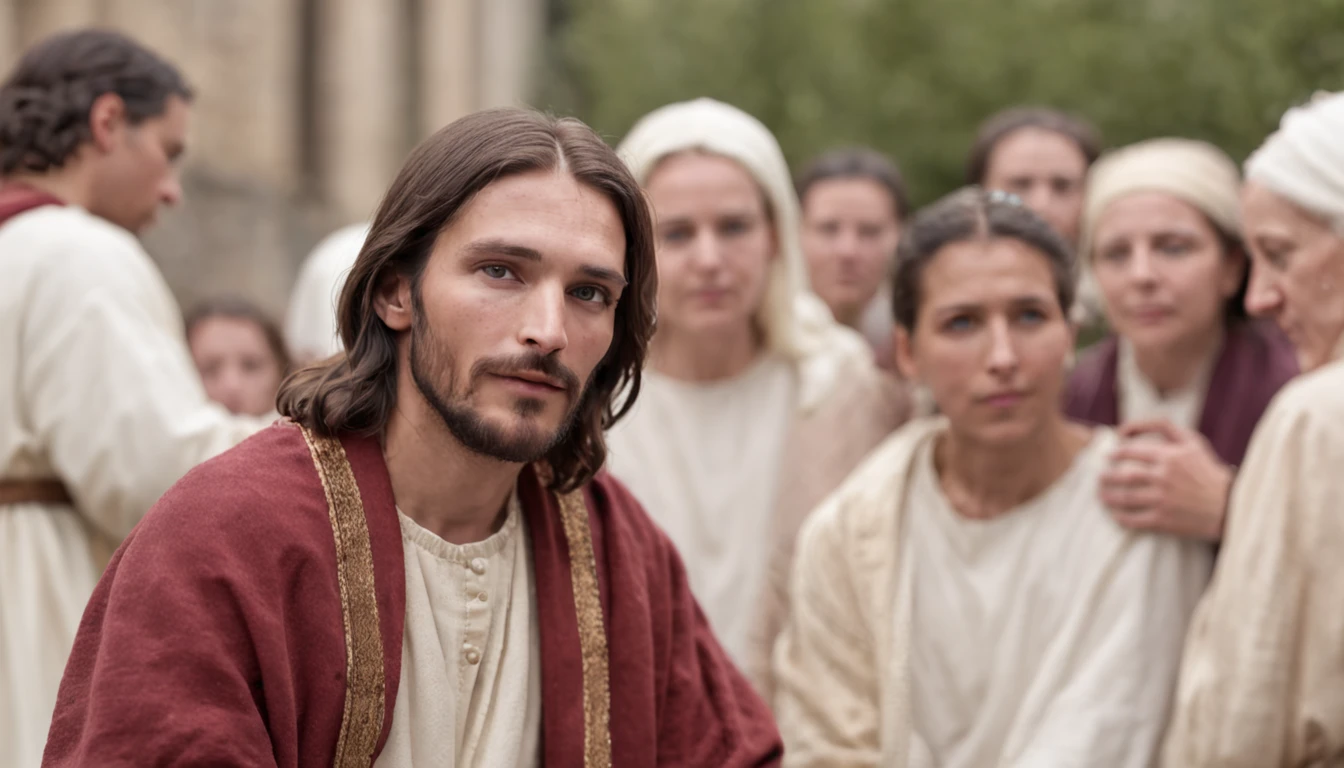 Jesus Christ healing a cripple in the crowd