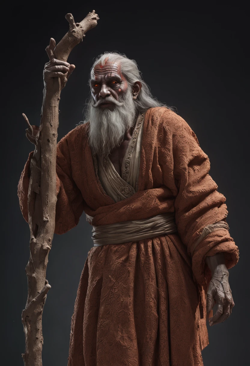 85 millimeters, ((Indian Sadhu's medium-length shot holding a wooden stick, nuvem, dust, fiery particles, Fundo do caos)), intrincado estilo cgi anime ornamentado, Realistic hair, barba realista, Lich Vecna (d&d), Cyberpunk , 8 k efeitos digitais altamente detalhados fantasia, CGSetalidade 9, epic digital art illustration, Dan Mumford e Alex Grey Estilo, Necromante androide benevolente, Bioluminato , arte neon , tema neon, 8k, HDR, fotorrealista, Foto RAW, fotorrealista, delicado, ultra-detalhado, Detalhe extra, altamente intrincado, rendering physically based, Capture the essence of his fiery determination and unyielding spirit as he unleashes his wrath on his enemies. Mantenha-o curto, ousado, e intenso para transmitir o poder bruto da raiva de Sadhu.