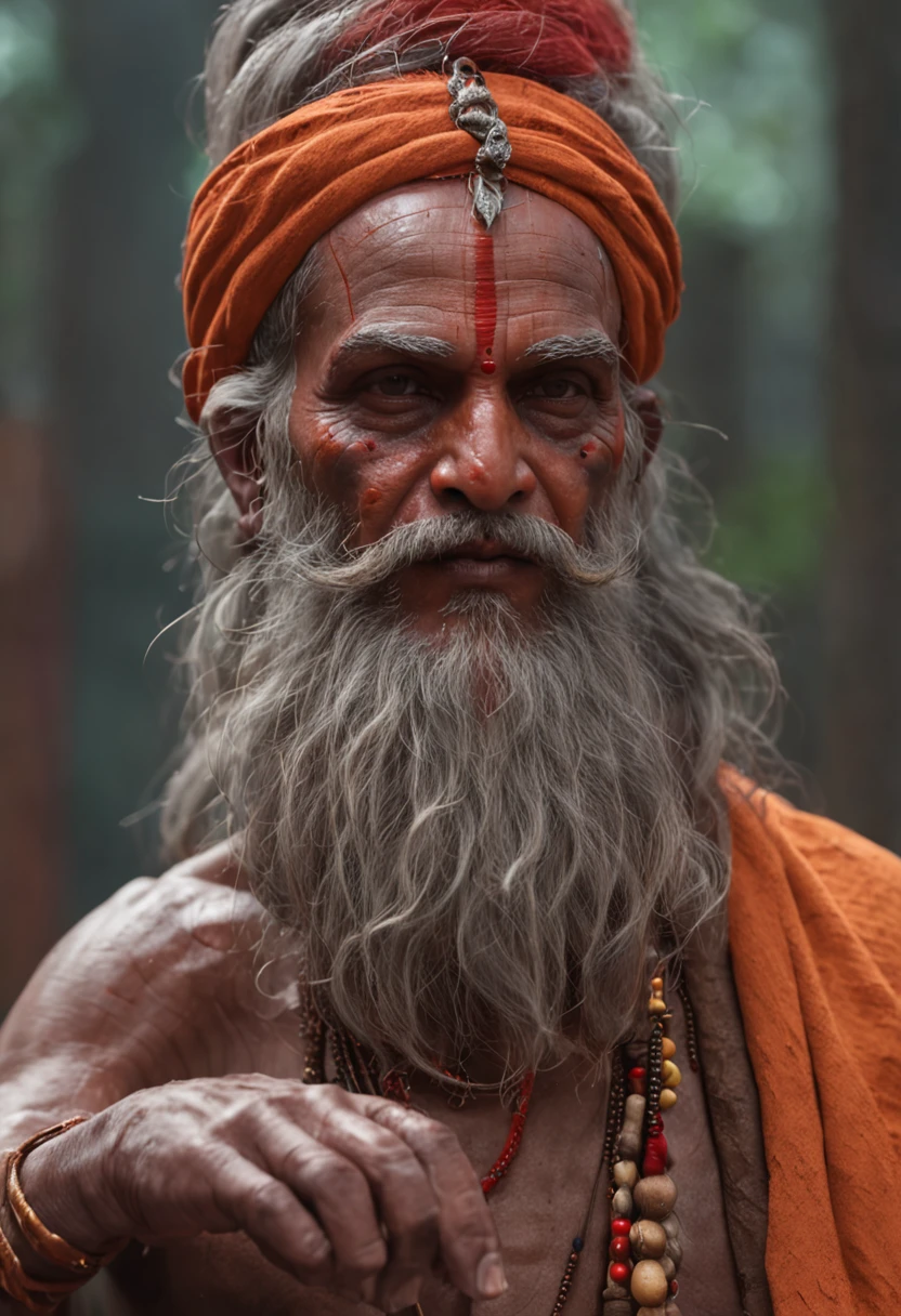 85 millimeters, ((Indian Sadhu's medium-length shot holding a wooden stick, nuvem, dust, fiery particles, Fundo do caos)), intrincado estilo cgi anime ornamentado, Realistic hair, barba realista, Lich Vecna (d&d), Cyberpunk , 8 k efeitos digitais altamente detalhados fantasia, CGSetalidade 9, epic digital art illustration, Dan Mumford e Alex Grey Estilo, Necromante androide benevolente, Bioluminato , arte neon , tema neon, 8k, HDR, fotorrealista, Foto RAW, fotorrealista, delicado, ultra-detalhado, Detalhe extra, altamente intrincado, rendering physically based, Capture the essence of his fiery determination and unyielding spirit as he unleashes his wrath on his enemies. Mantenha-o curto, ousado, e intenso para transmitir o poder bruto da raiva de Sadhu.