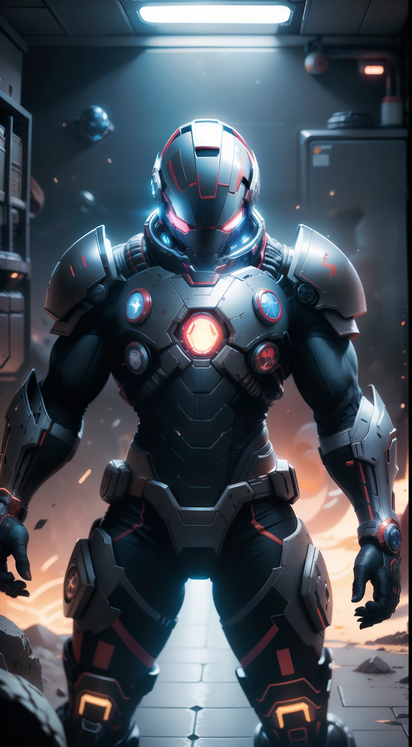 hiper-realista, poderoso, Clown colored armor (Capacete Marvel Homem de Ferro), His cybernetic helmet glows in the darkness of space, the legs are muscular, feet are claws, Sempre pronto para qualquer desafio, Estilo de Alena Aenami,ground angle,A Long Shot