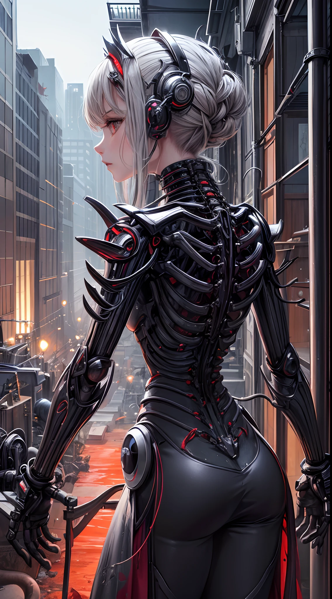 (((Masterpiece))), ((Best Quality)), (Super Detail), (CG Illustration), (Very Evil and Beautiful)), Cinematic Light, ((1 Mechanical Girl)), Single, (Mechanical Art: 1.4), ((Mechanical limb)), (Blood vessel attached to a tube), ((Mechanical spine attached to the back)), ((Mechanical cervical vertebrae attached to the neck), (Back to the viewer)), expressionless, ( Wires and cables attached to the head and body: 1.5), Science Fiction, Apocalypse, Ruins, (Lower Body Integrated with Mechanical Devices), (Blood: 1.5), Cruelty, Absurdity, Eroticism, Fusion with Machines, Doomsday Time, Super Future, Inorganic, Laboratory, Restraint, (Beautiful Indulgence: 1.2), (1 Girl: 1.3), Body Wrapped Around Mechanical Tentacles