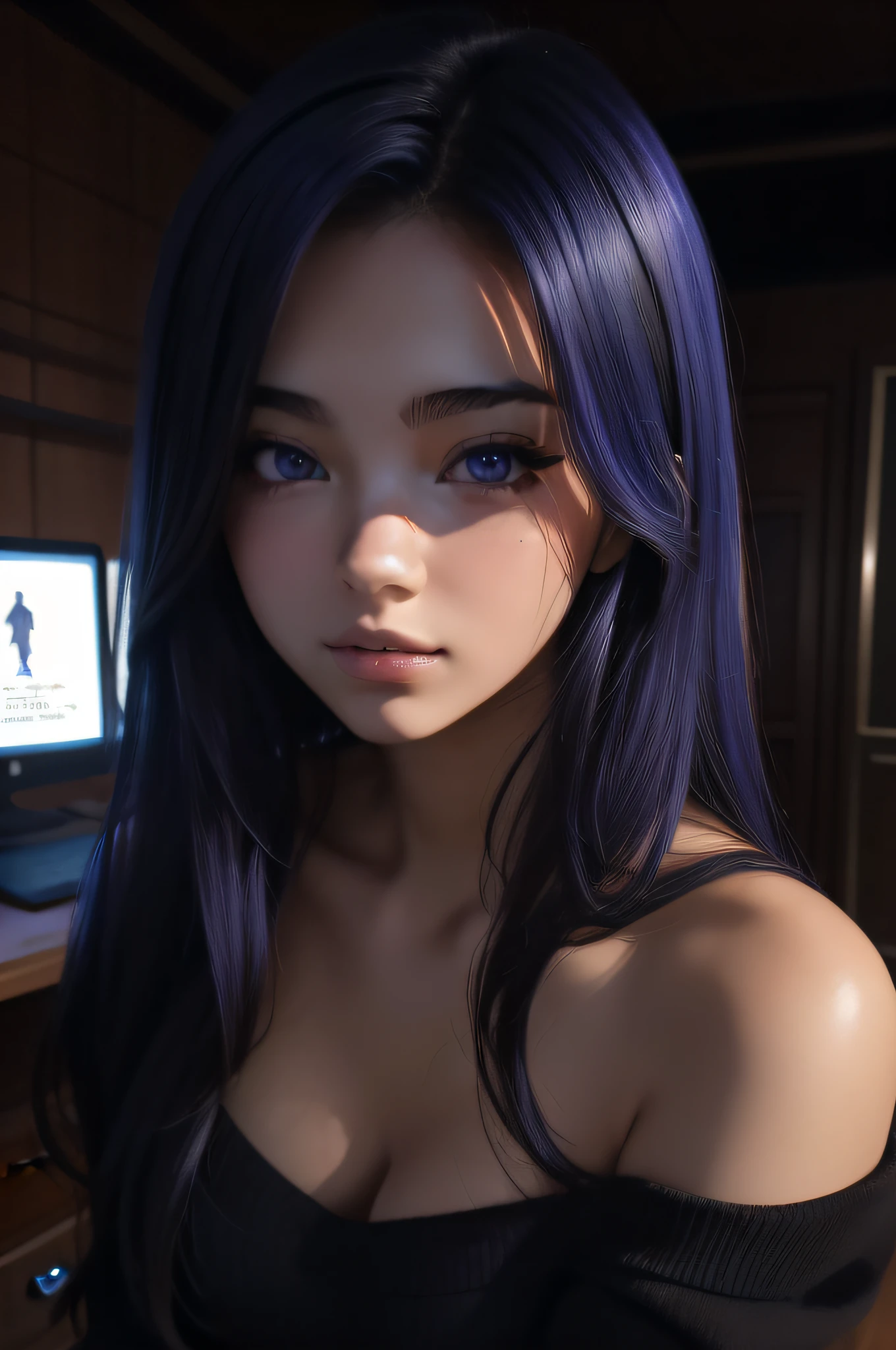 Woman with long purple hair and blue eyes in front of computer, photorealistic anime girl render, 3 d anime realistic, realistic anime 3 d style, smooth anime cg art, photorealistic anime, anime styled 3d, artgerm ; 3D Нереальный движок, anime realism style, the anime. soft-lighting, rendered in sfm