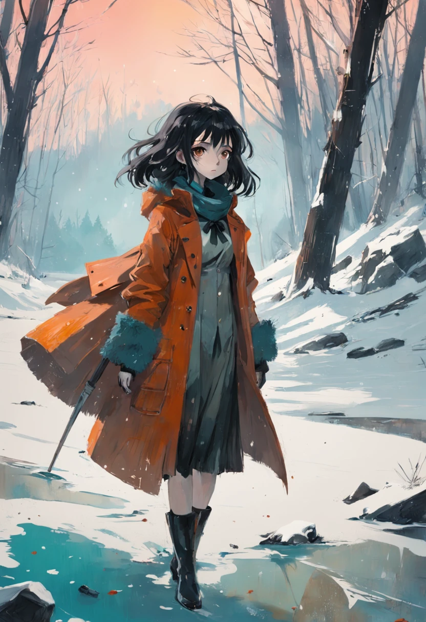 Une femme en train de dessiner au bord d'un lac. Hiver. Neige. Dans le style de Adrian Ghenie, Minimalisme inkpunk. Dans le style Tim Burton.