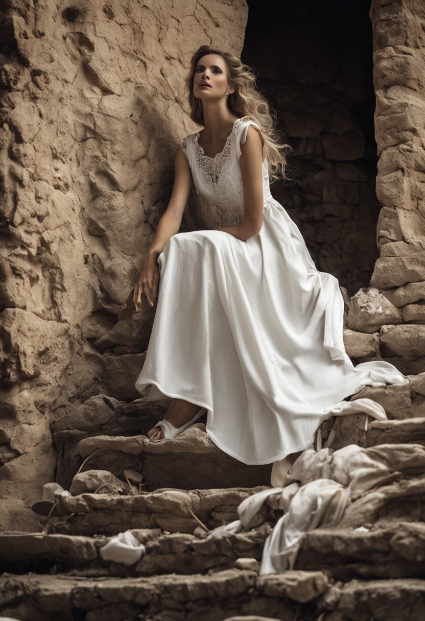 araffe woman in a white dress leaning against a stone wall, a photo by Julian Allen, tumblr, romanticism, wearing heels and white dress, gorgeous woman, stunning woman, a beautiful woman in white, wearing white dress, dressed in a beautiful white, white gown, wearing a white dress, white lace clothing, white dress!! of silver hair, ancient white dress