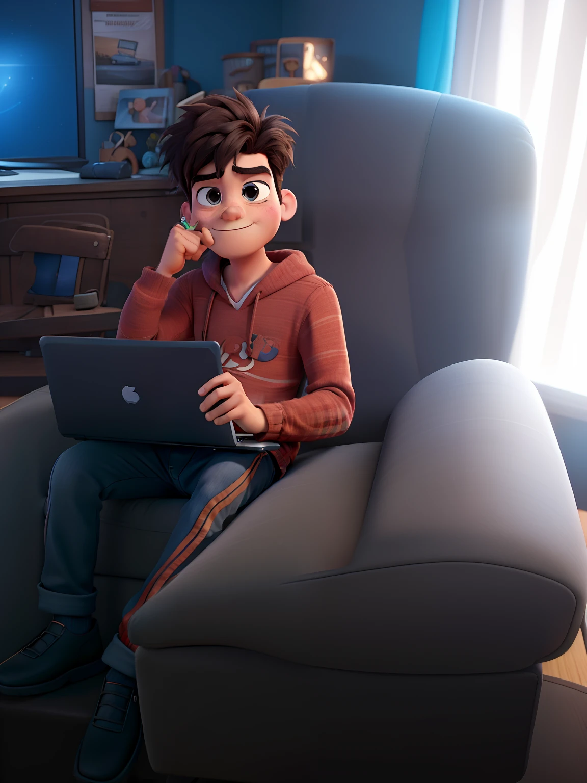 Pixar-style reimagination of an angrily defiant boy sitting in a chair, giving the camera a playful middle finger while holding a laptop on his lap.