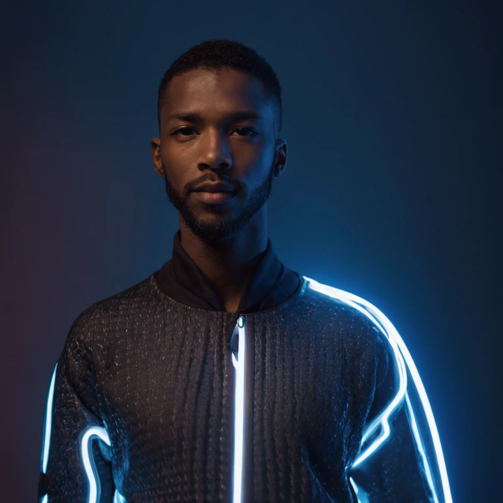 High fashion, futuristic black model, luminescent lines, LED-lights, visors over eyes, LED chest lights, lightpattern on chest, left facing, athletic, perfect face, perfect eyes, luminescent lines on tracksuit, perfect hands, on the catwalk, futuristic, large beard, LED-lights, satin, intricate LED details on tracksuit, abu dhabi, posing, picture, miami pastel colors, intricate details, futuristic, retrofuture, full body shot, looking down at cameraman, posing, high collar, futuristic, retrofuture, full body shot, LED-lights covering chest,