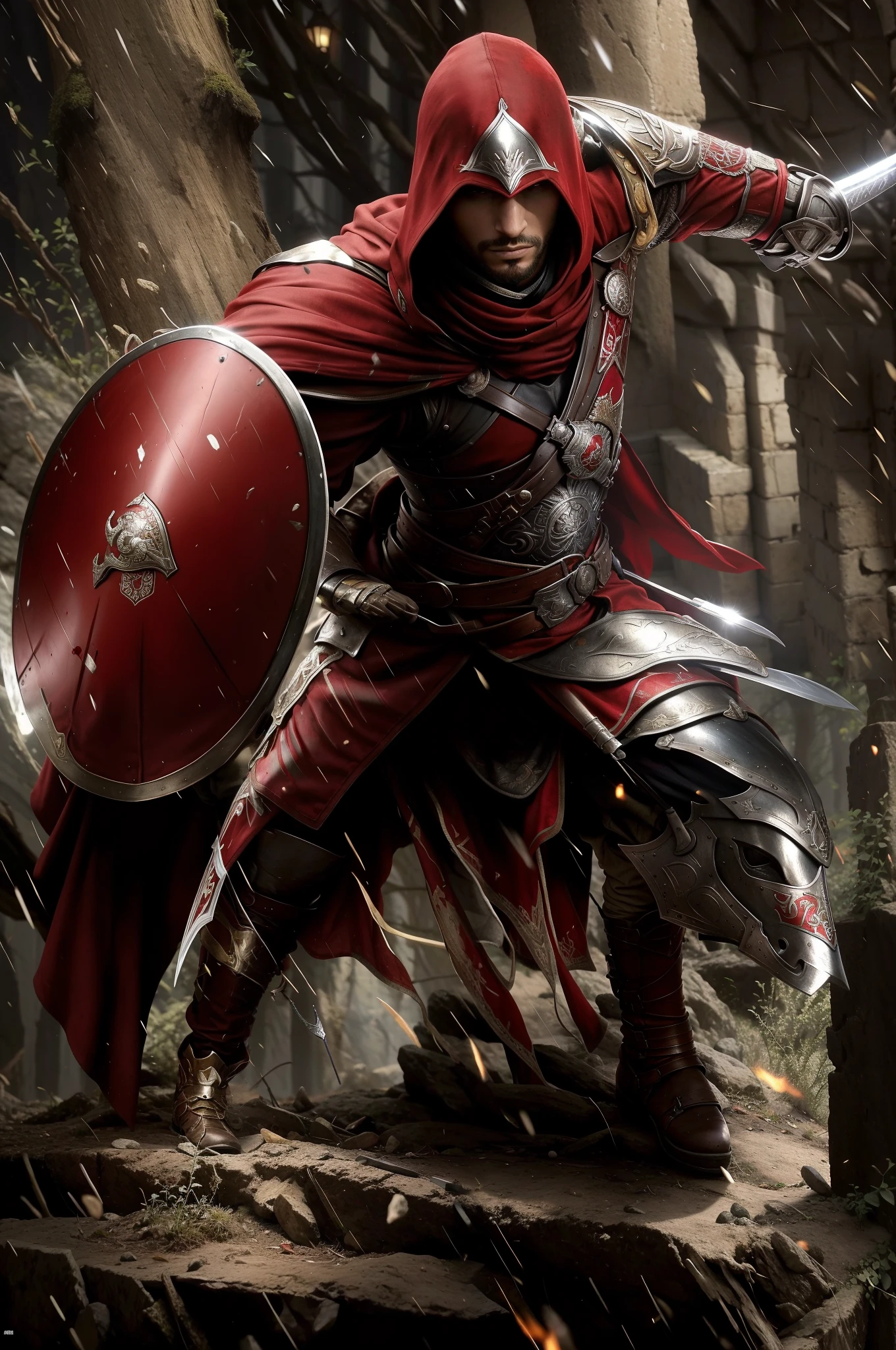 Imagem de um homem com um capuz vermelho segurando uma espada e um escudo, guerreiro persa, guerreiro espartano, Soldado antigo, guerreiro antigo, estilo fantasia 8 k octane render, cavaleiro blindado em vermelho, handsome prince of persia, Estilo de arte de Marc Simonetti, Estilo de Marc Simonetti, armadura vermelha de sangue, egyptian warrior, armadura vermelha, arte do jogo