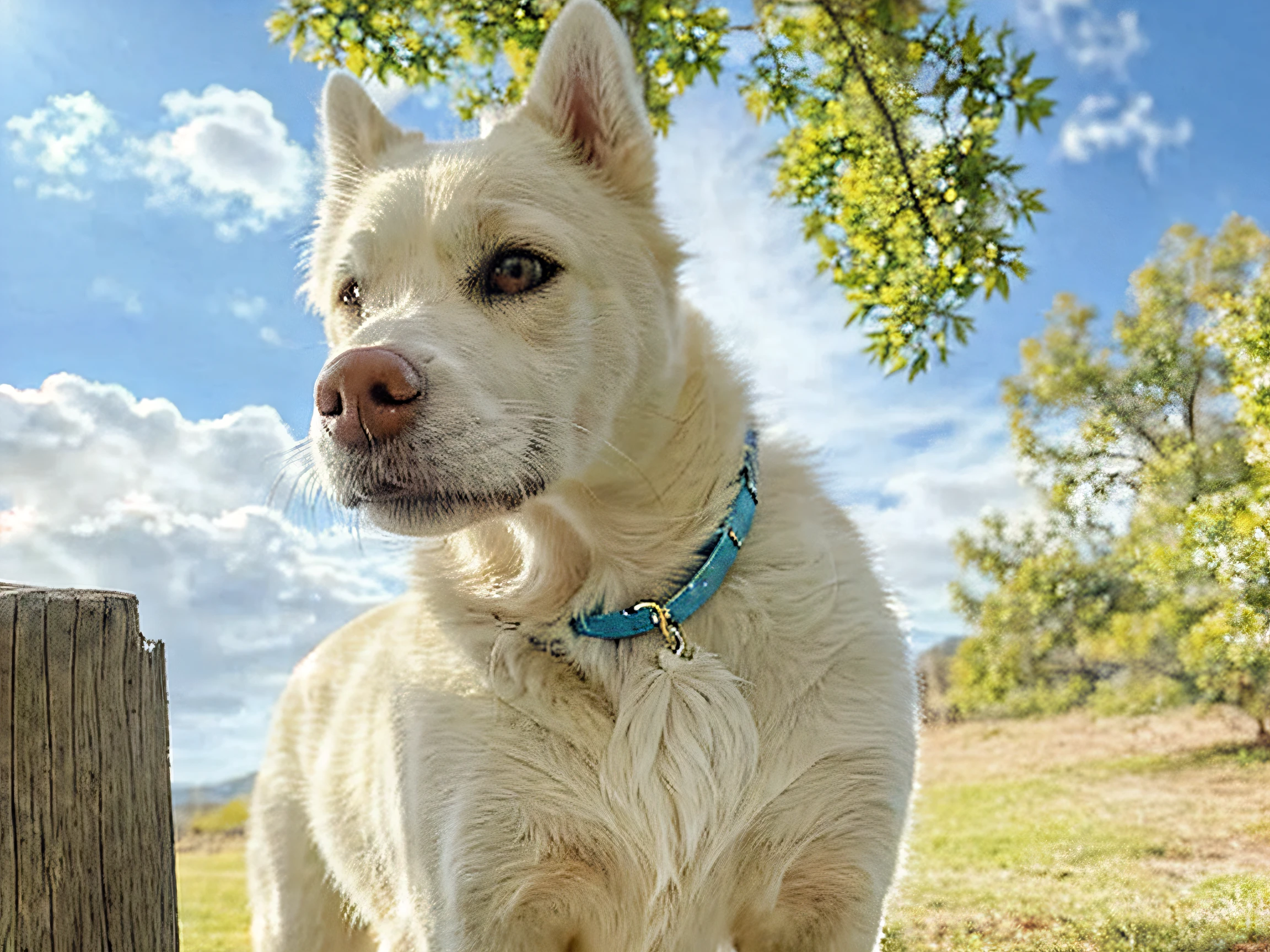 detailed and realistic portrait for a serene and picturesque scene of a white dog standing on a wooden post with a blue sky in the background, happily smiling at the camera, soft natural lighting, portrait photography, magical photography, dramatic lighting, photo realism, ultra-detailed, Leica 35mm, f1.4