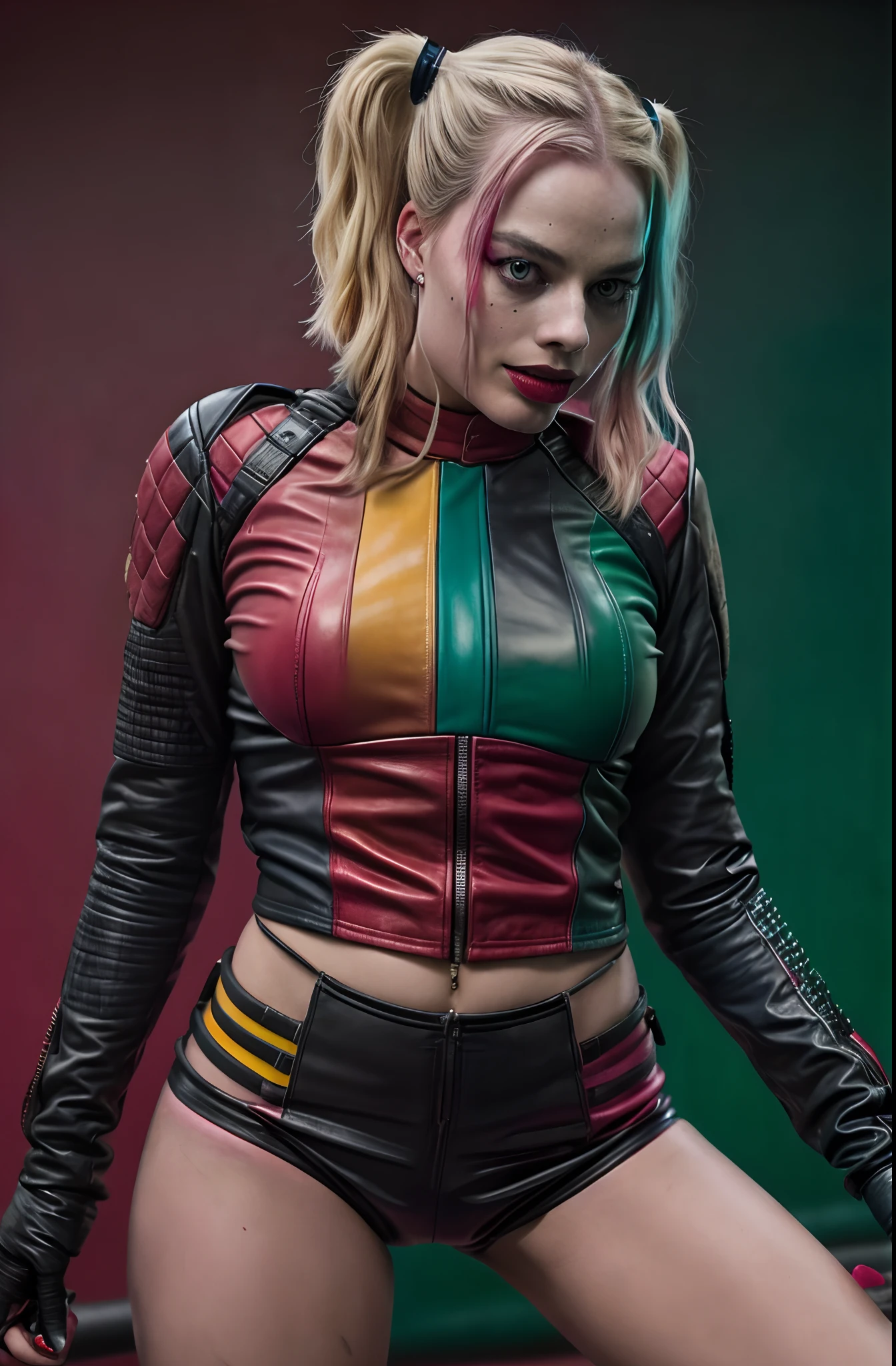 Margot Robbie as Harley Quinn, full leather outfit, futuristic warehouse filled with neon red and green background, superrealistic, hyperreal, detailed, movie poster, realistic skin, Fujifilm XT3, High Resolution Quality Image, Photoshoot (skin: 0.8, moles: 0.05), (highly detailed skin), margotrobbie