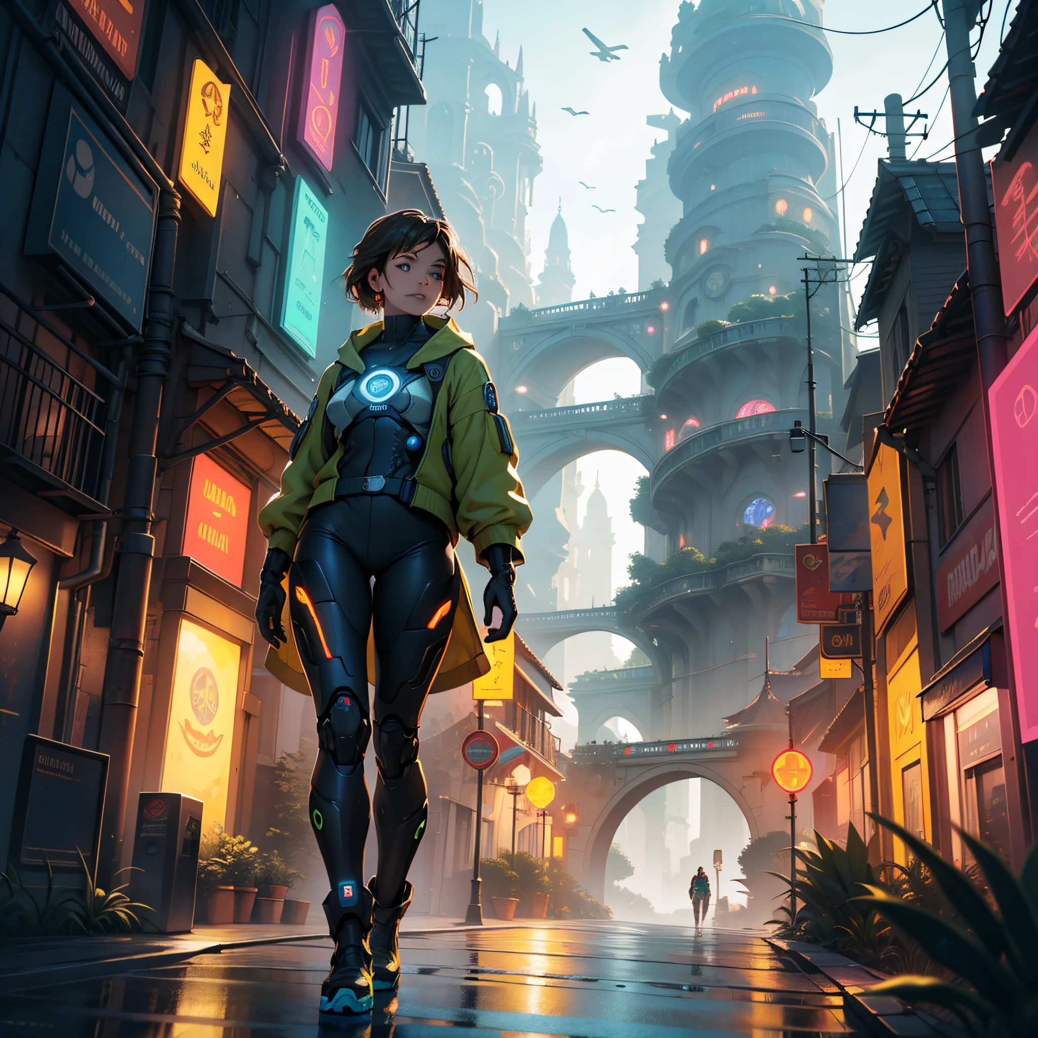 basado en la pelicula tomorrowland: una mujer cyborg pasea por una ciudad con un paisaje futurista con edificios de fantasia de plata oro y bronce , luces led de colores rojo verde y azul, con bovedas acristaladas y edificios inmensos.
