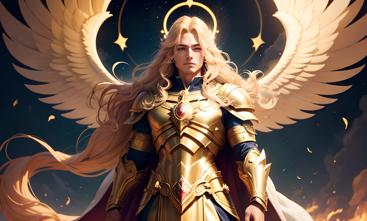 A God of light, justice and wisdom, who wears golden armor, with a blonde mane that flutters in the air, has an ethereal aura and his figure transmits peace and power