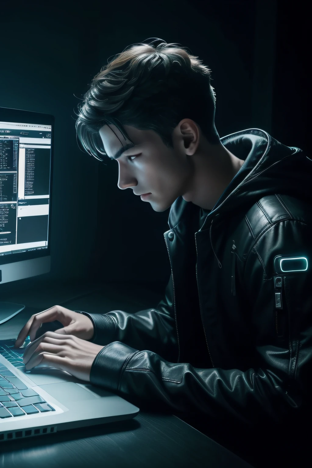 boy programming on a laptop at a table the location is a dark room where there is only one light over his head the rest is laptop screen lighting, futuristic cyber punk style, high definition,