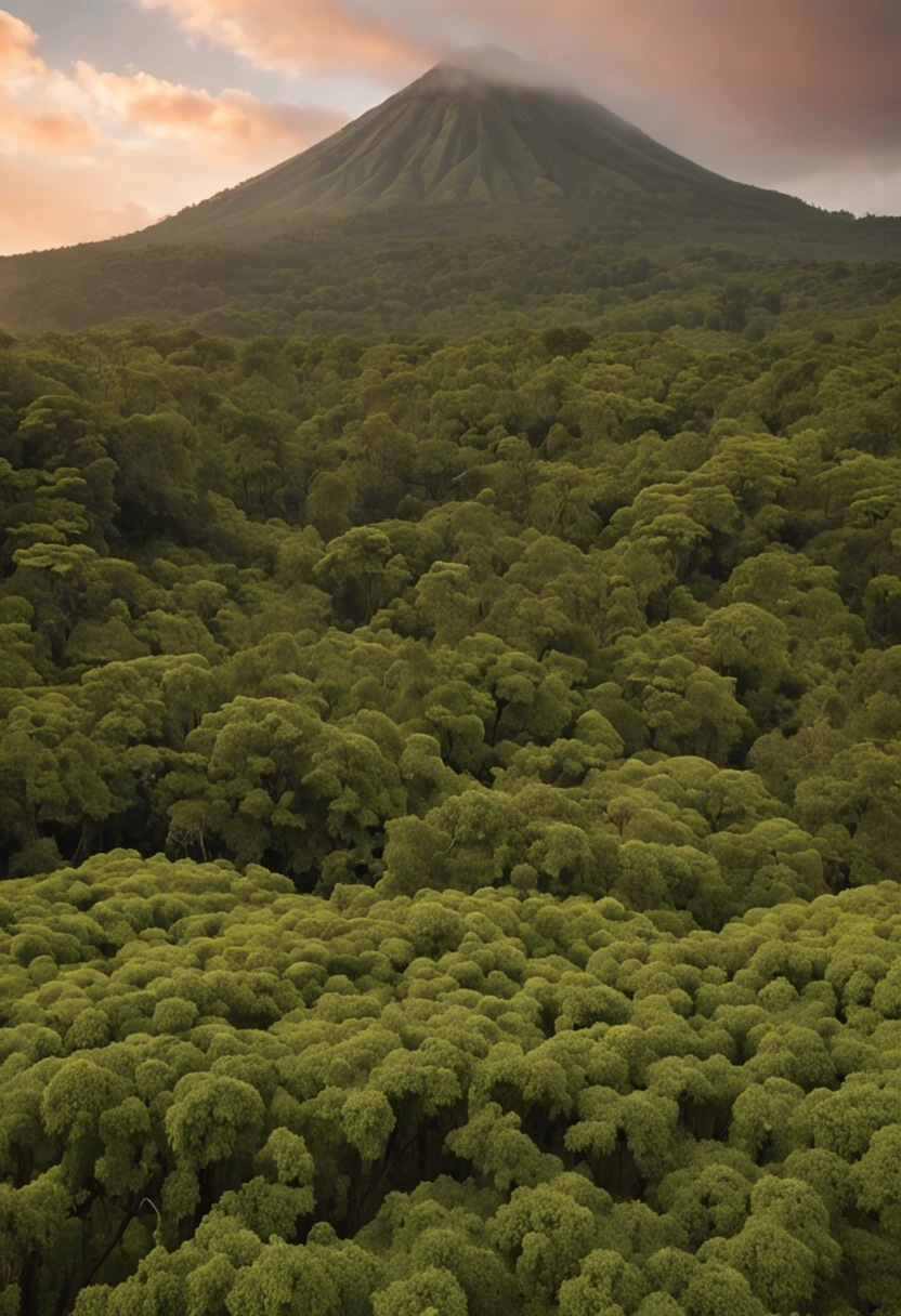 "Generate an ultra-realistic image at aspect ratio 16:9. Em primeiro plano, apresente uma floresta densa, rich in detail and with variations of light filtered between the trees. Atravessando essa floresta, Visualize a vast green field that stretches until you find an imposing volcano erupting on the distant horizon. The rash should be powerful, with visible smoke and lava, creating a contrast of serenity of the countryside and the intensity of the volcano. A parte inferior da imagem, especially the region closest to the forest, deve ter um desfoque sutil, conferindo profundidade e foco ao restante da cena." --auto