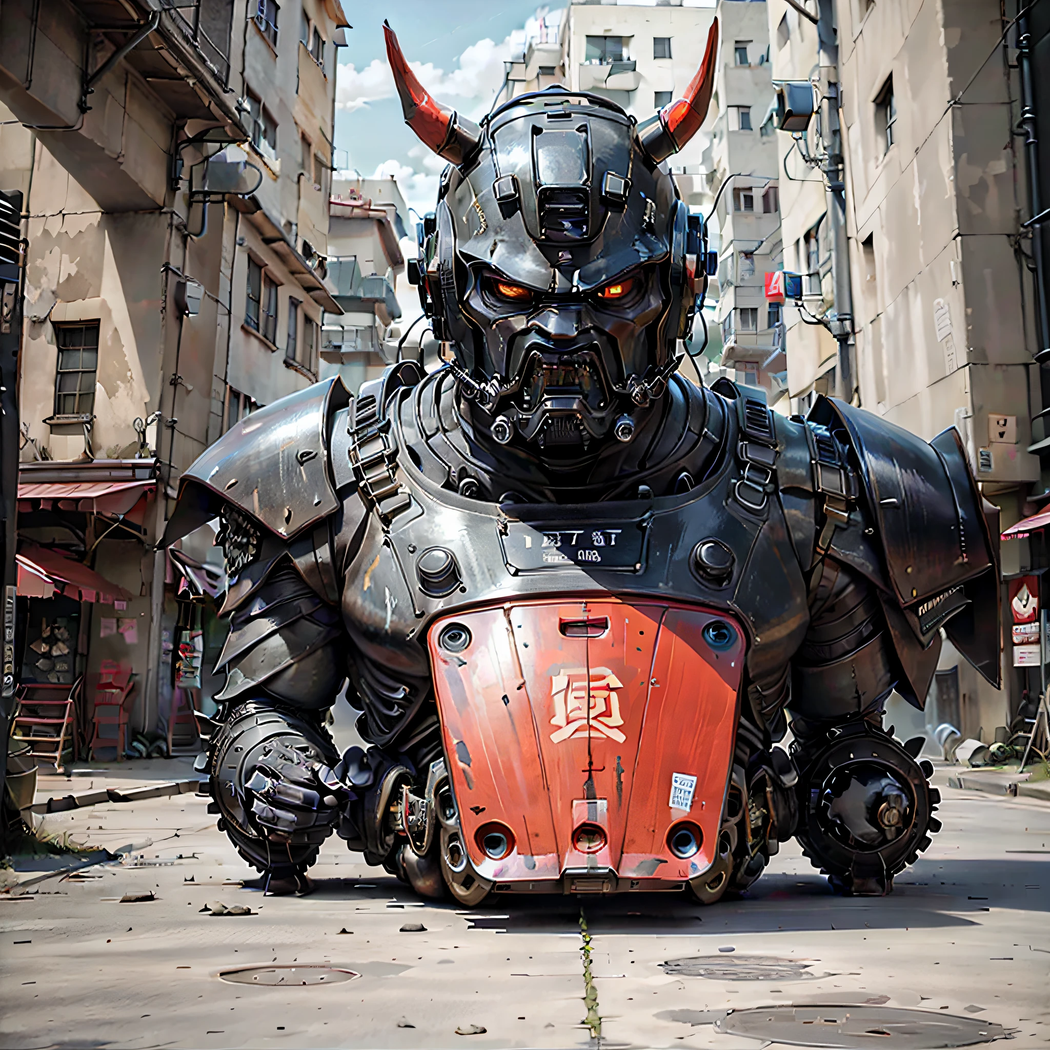 Samurai, armed, ogre, horns, robot, cyborg, neon, saber, sword,