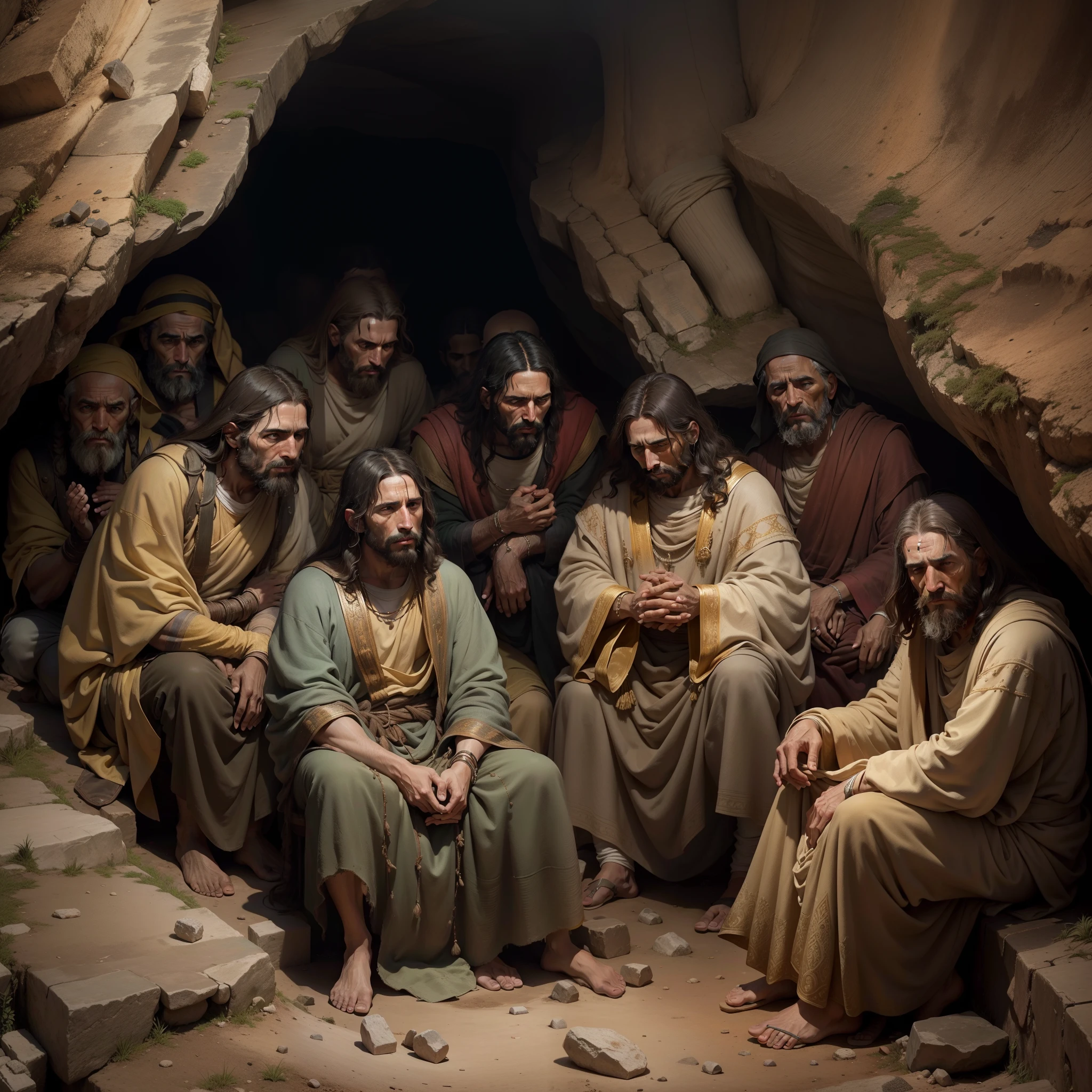 (Obra-prima) 16k image of Jesus' apostles sitting in hidden caves, Praying with faith and fervor. Roma antiga, Dirty and lugubrious place. Asking for divine provision, they're kneeling, emanating an atmosphere of devotion and hope.