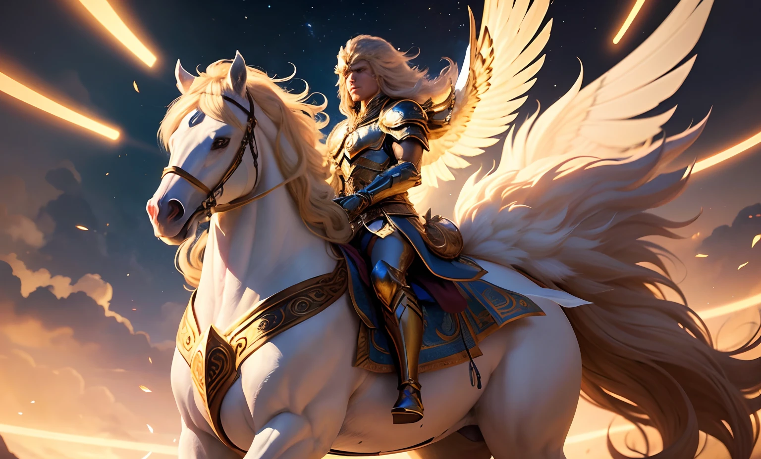 A God of light, justice and wisdom, who wears golden armor, with a blonde mane that flutters in the air, has an ethereal aura and his figure transmits peace and power