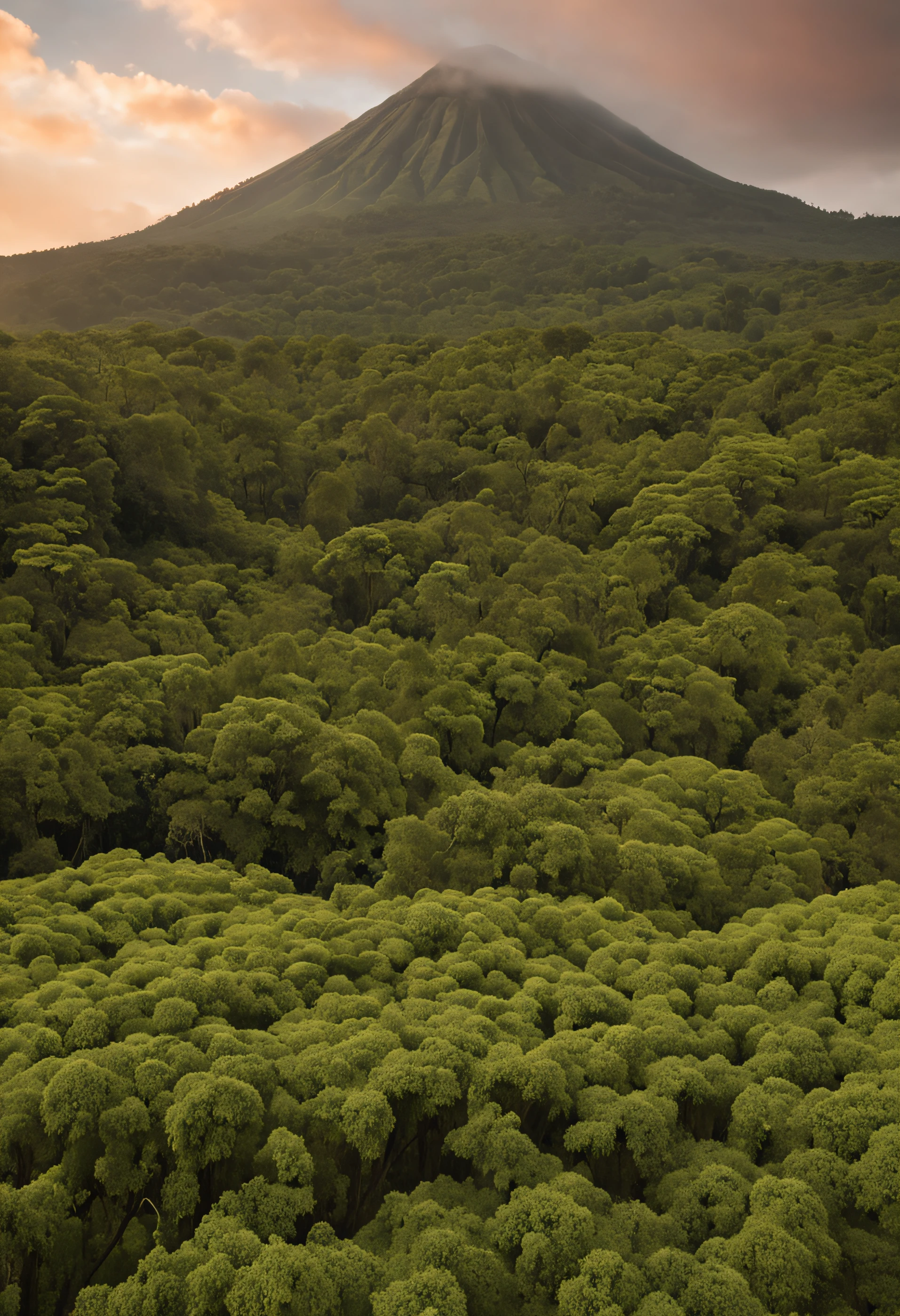 "Generate an ultra-realistic image at aspect ratio 16:9. Em primeiro plano, apresente uma floresta densa, rich in detail and with variations of light filtered between the trees. Atravessando essa floresta, Visualize a vast green field that stretches until you find an imposing volcano erupting on the distant horizon. The rash should be powerful, with visible smoke and lava, creating a contrast of serenity of the countryside and the intensity of the volcano. A parte inferior da imagem, especially the region closest to the forest, deve ter um desfoque sutil, conferindo profundidade e foco ao restante da cena." --auto