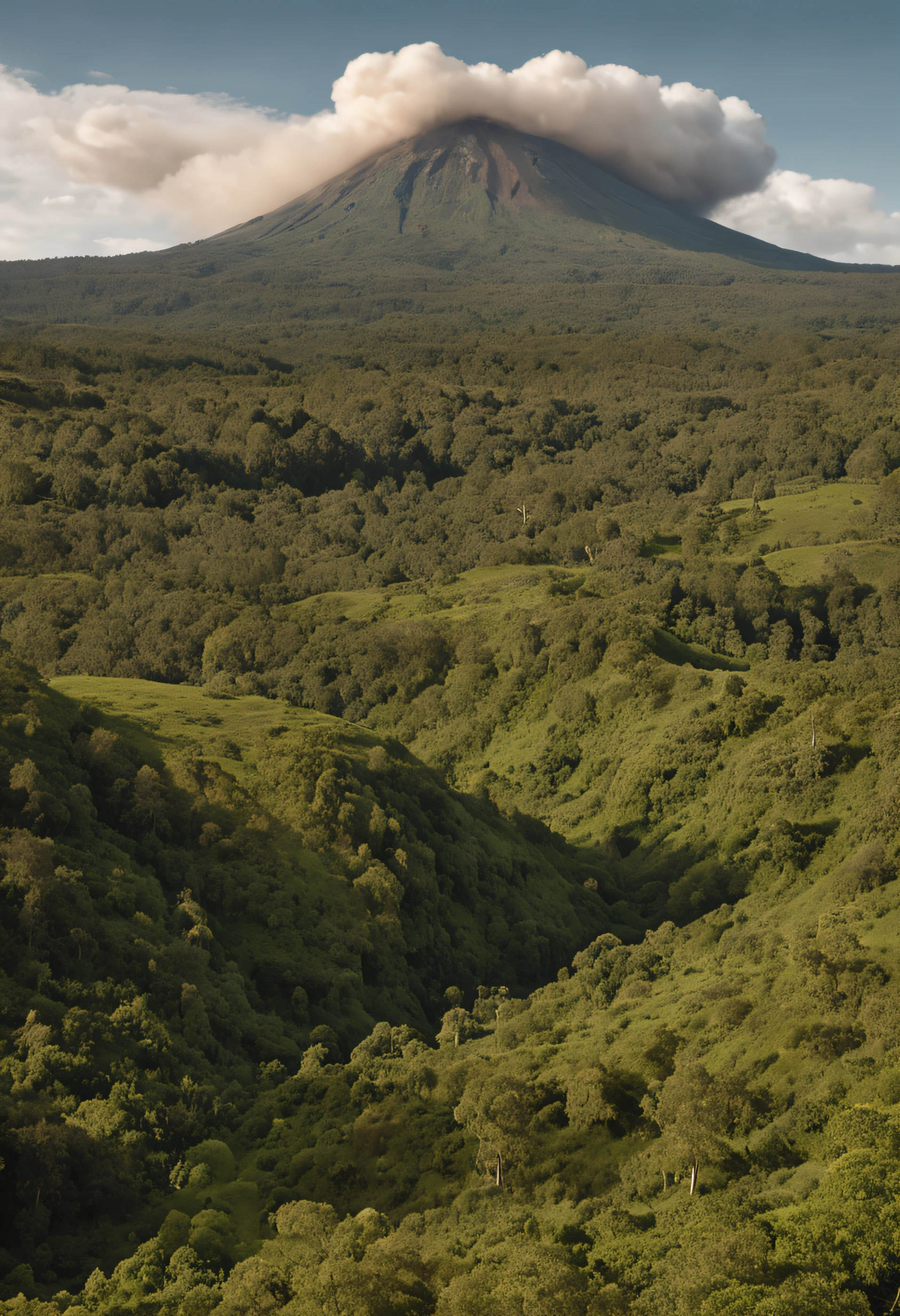 "Generate an ultra-realistic image at aspect ratio 16:9. Em primeiro plano, apresente uma floresta densa, rich in detail and with variations of light filtered between the trees. Atravessando essa floresta, Visualize a vast green field that stretches until you find an imposing volcano erupting on the distant horizon. The rash should be powerful, with visible smoke and lava, creating a contrast of serenity of the countryside and the intensity of the volcano. A parte inferior da imagem, especially the region closest to the forest, deve ter um desfoque sutil, conferindo profundidade e foco ao restante da cena." --auto