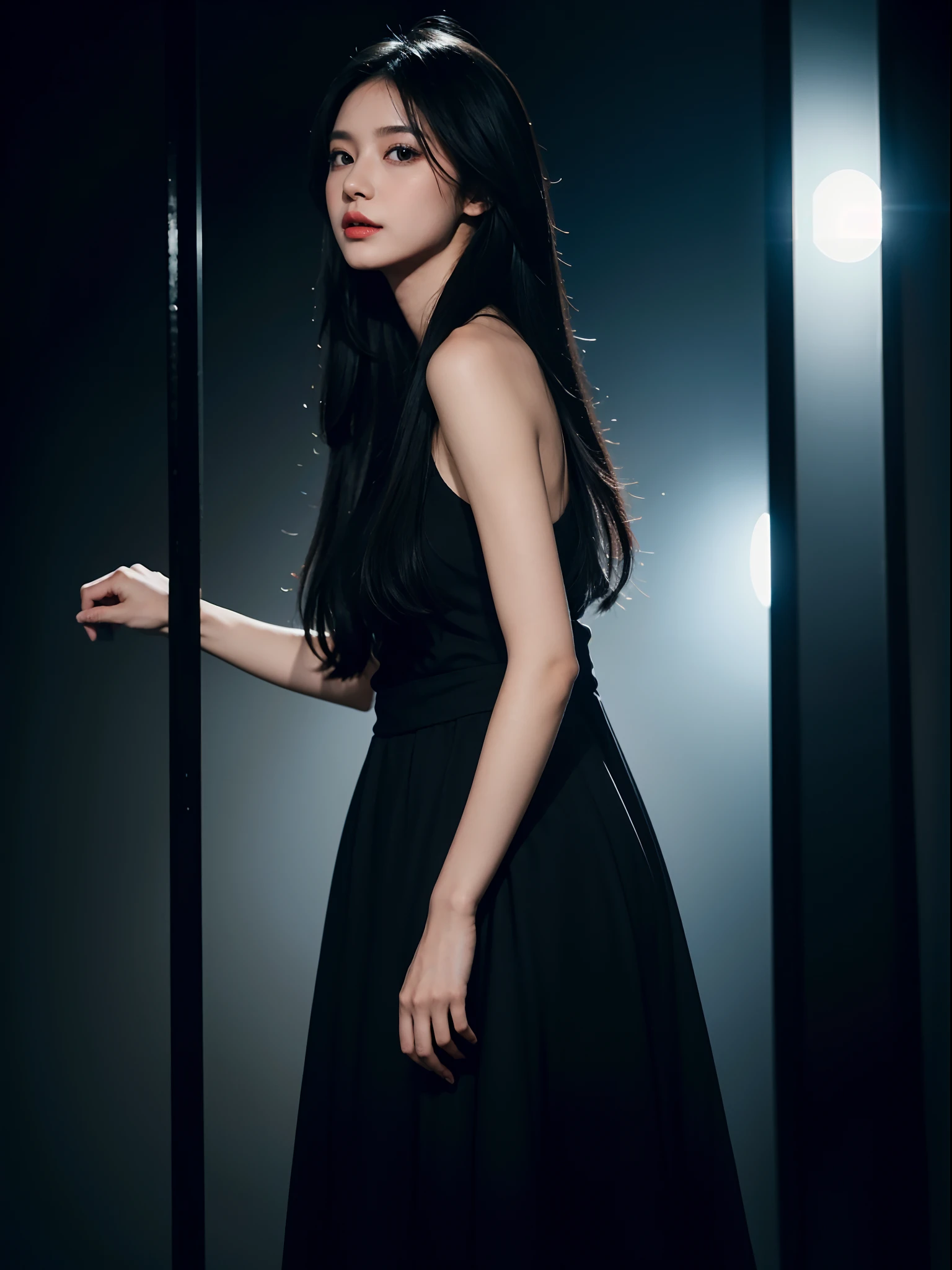 1girl, long black hair, wearing long sleve black dress, on stages, high res, ultrasharp, 8k, masterpiece, looking at viewer