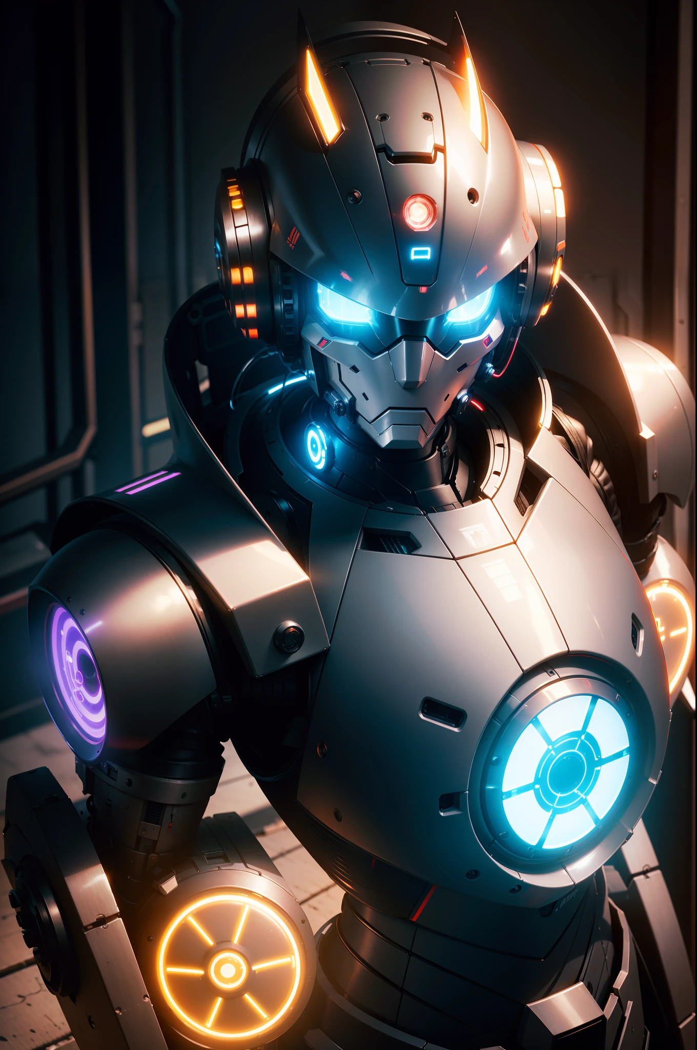 a closeup of a mshn robot, futobot, cyborg, using cyberhelmet shiny circle, battle armor, mshn factory, tubes connected to neck, photorealistic neon light, masterpiece, best quality, 35mm film, film grains, cyberpunk, EbonyGoldAI