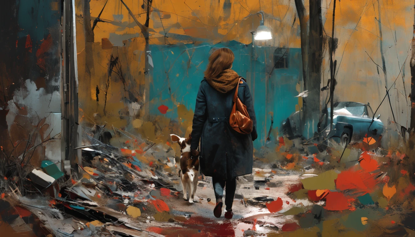 Une femme caressant un chat. Automne. Dans le style de Adrian Ghenie, Minimalisme inkpunk. Dans le style Tim Burton.