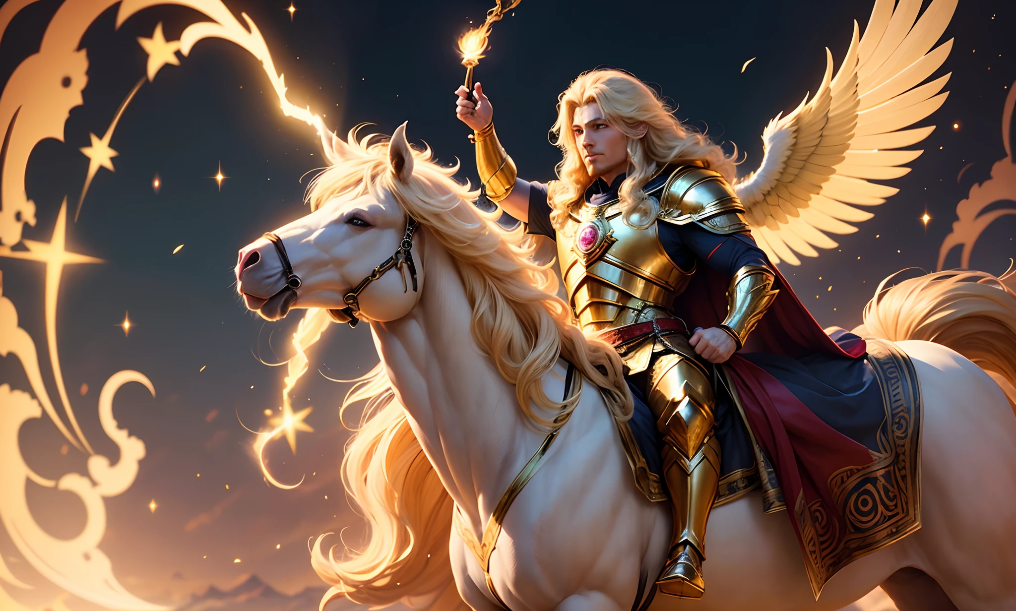 A God of light, justice and wisdom, who wears golden armor, with a blonde mane that flutters in the air, has an ethereal aura and his figure transmits peace and power