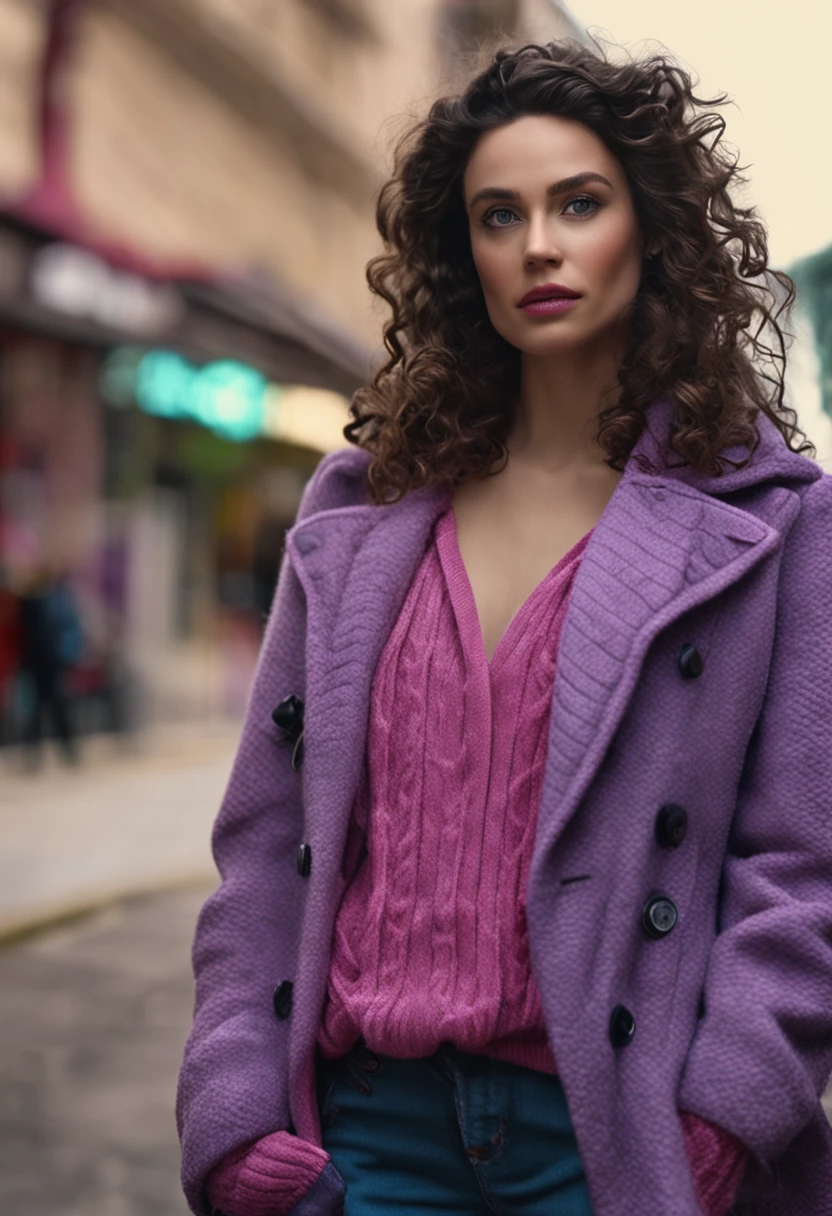 best quality, ultra photorealistic, photorealism, 8k, photograph, photo of a young woman, jacket, pink scarf, sweater, middle-length dark and curly hair, violet-blue eyes, fit, beautiful, eyeliner, standing in a city street, background are tall modern buildings, overcast, artificial lights, detailed face and blue eyes, highly detailed skin, 8k uhd, sharp focus, professional, best quality