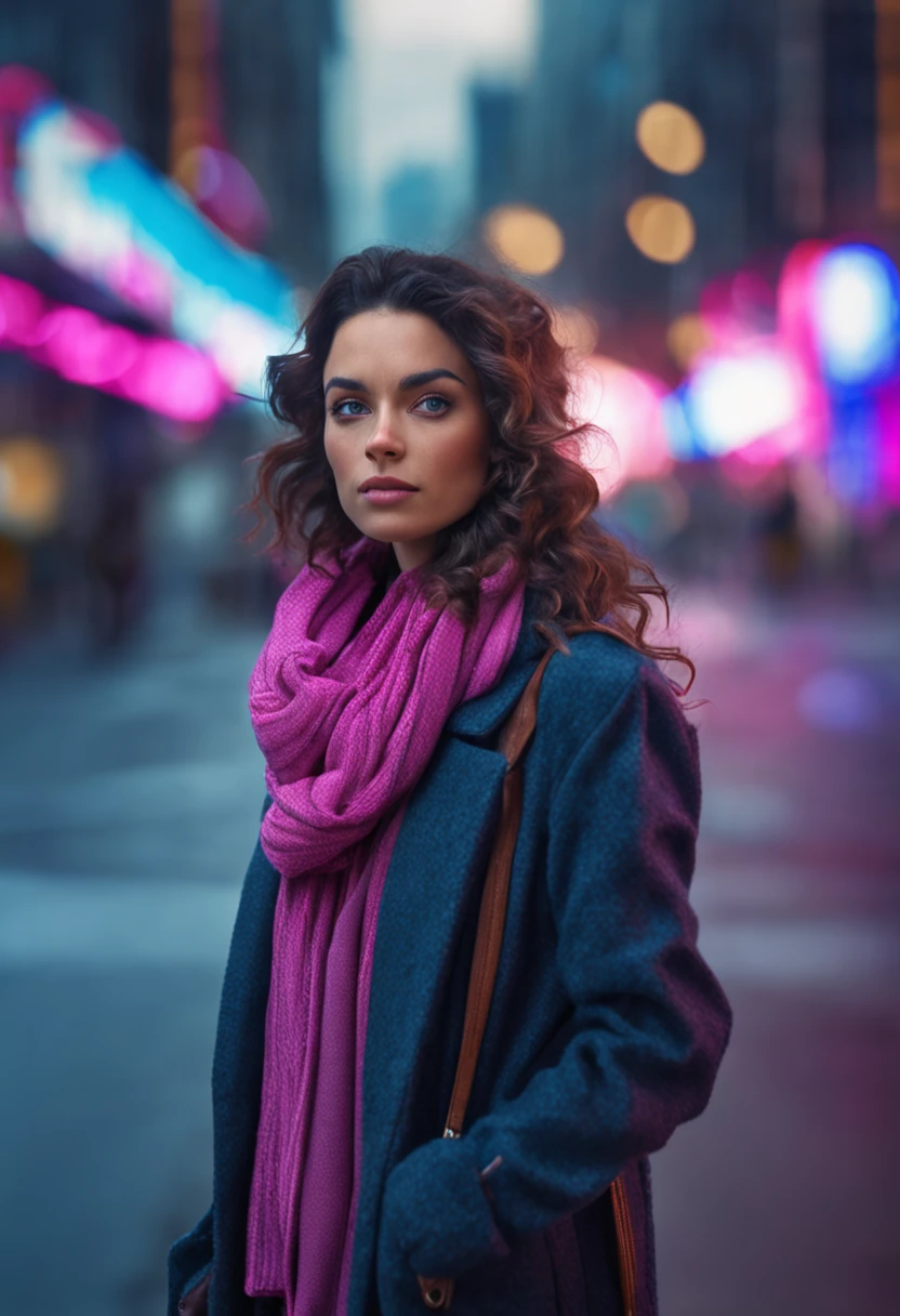 best quality, ultra photorealistic, photorealism, 8k, photograph, photo of a young woman, jacket, pink scarf, sweater, middle-length dark and curly hair, violet-blue eyes, fit, beautiful, eyeliner, standing in a city street, background are tall modern buildings, overcast, artificial lights, detailed face and blue eyes, highly detailed skin, 8k uhd, sharp focus, professional, best quality
