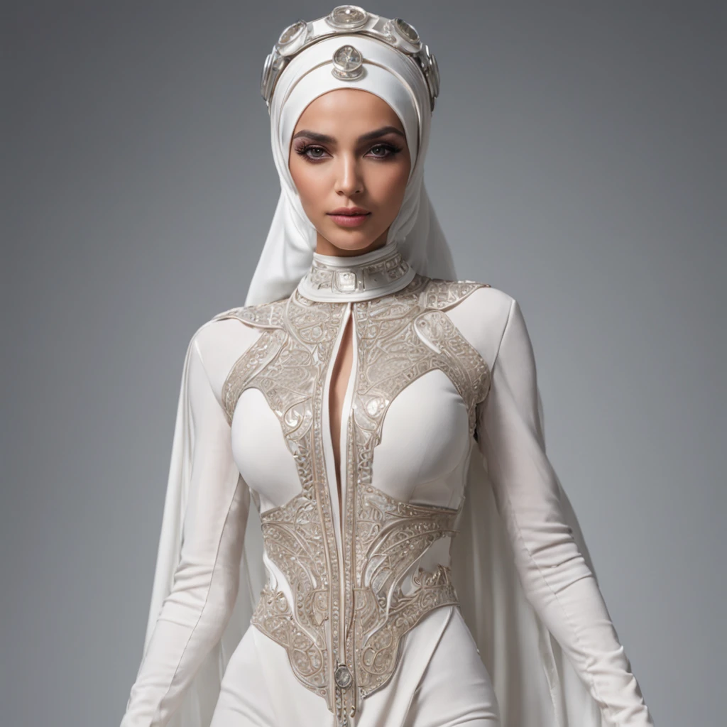High fashion, beautiful arab cyberpunk female, hijab, on the catwalk, wearing a white, Abaya with intricate details, suit, covered up chest, posing, abu dhabi, cyborg-hijab, visors, picture, 8mm, super-8, cyberpunk fashion, cyberware, big shoulderpads, high collar, miami pastel colors, intricate details, futuristic, retrofuture, cybernetic, full body shot, intricate led lights on dress,