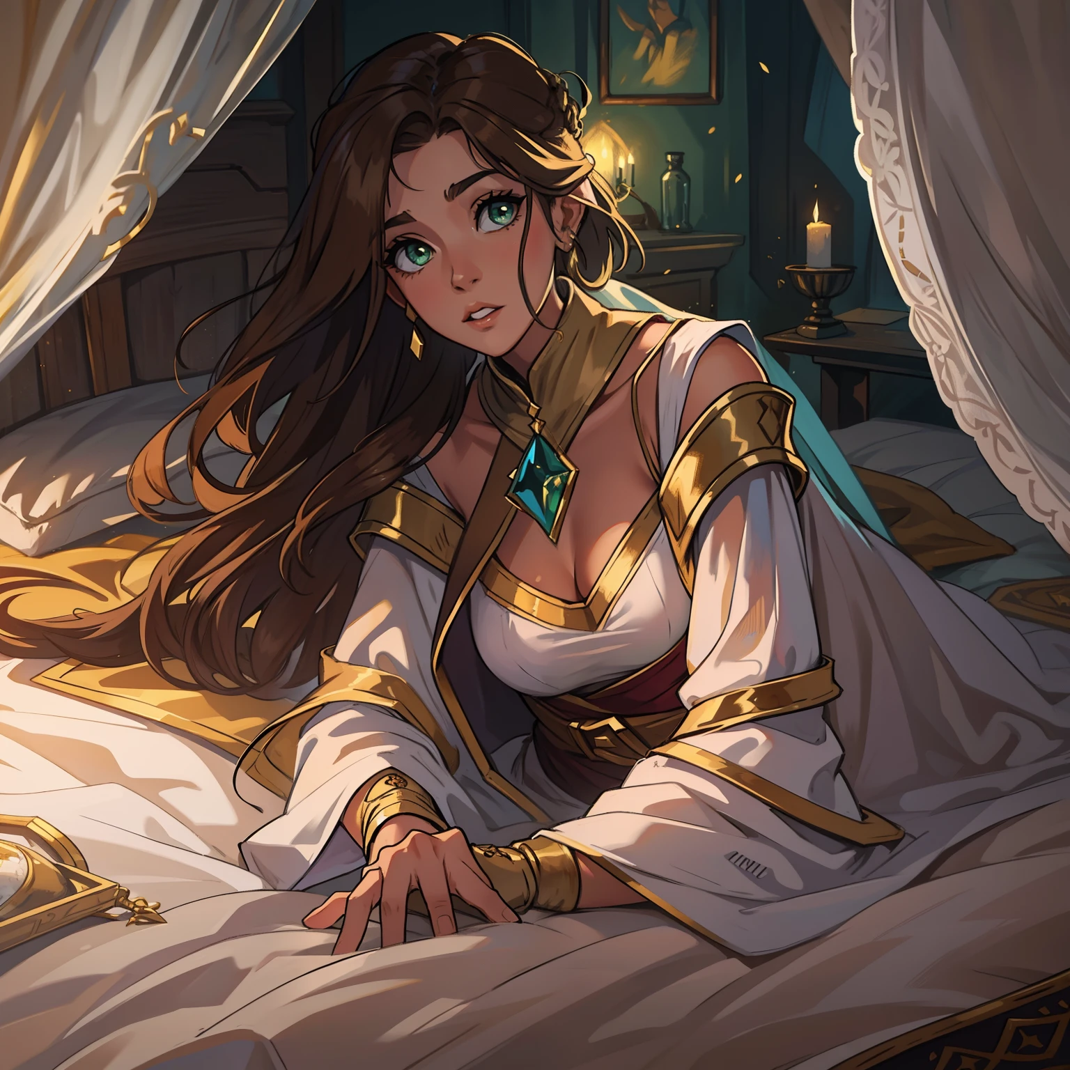 A beautiful woman with green eyes and brown hair she is a witch sorceress wearing white and gold robes Noble robes A princess of magic; Ela esta dormindo sobre uma cama antiga, with white sheets, agarrada com o travesseiro; fundo um quarto com uma cama de madeira, lamparina acesa. Uma arte para um RPG Uma arte medieval para RPG