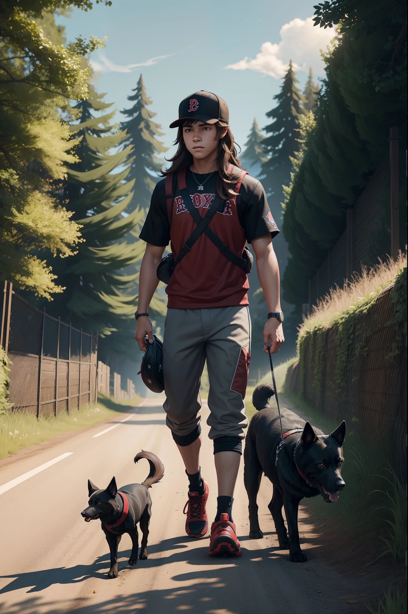 A  boy with long brown hair and red sox baseball cap walks with his smaller black dog down a rural road. style of fortnite illustration, highly detailed, 4k