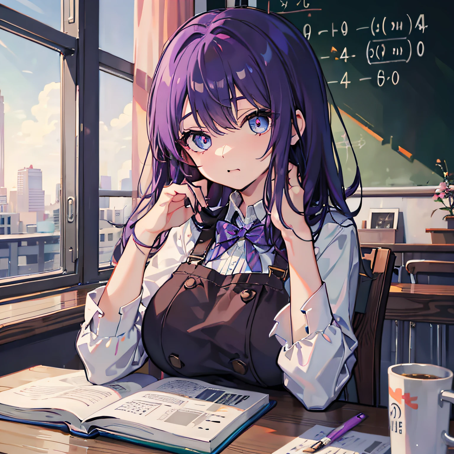 Beautiful woman　Studying　Focused face　on desk　Inside the café　By morning　发光　Morning view　Test Preparation　Pupils　Purple hair　Studying Mathematics　Colossal tits　Beautiful eyes that seem to be sucked in
