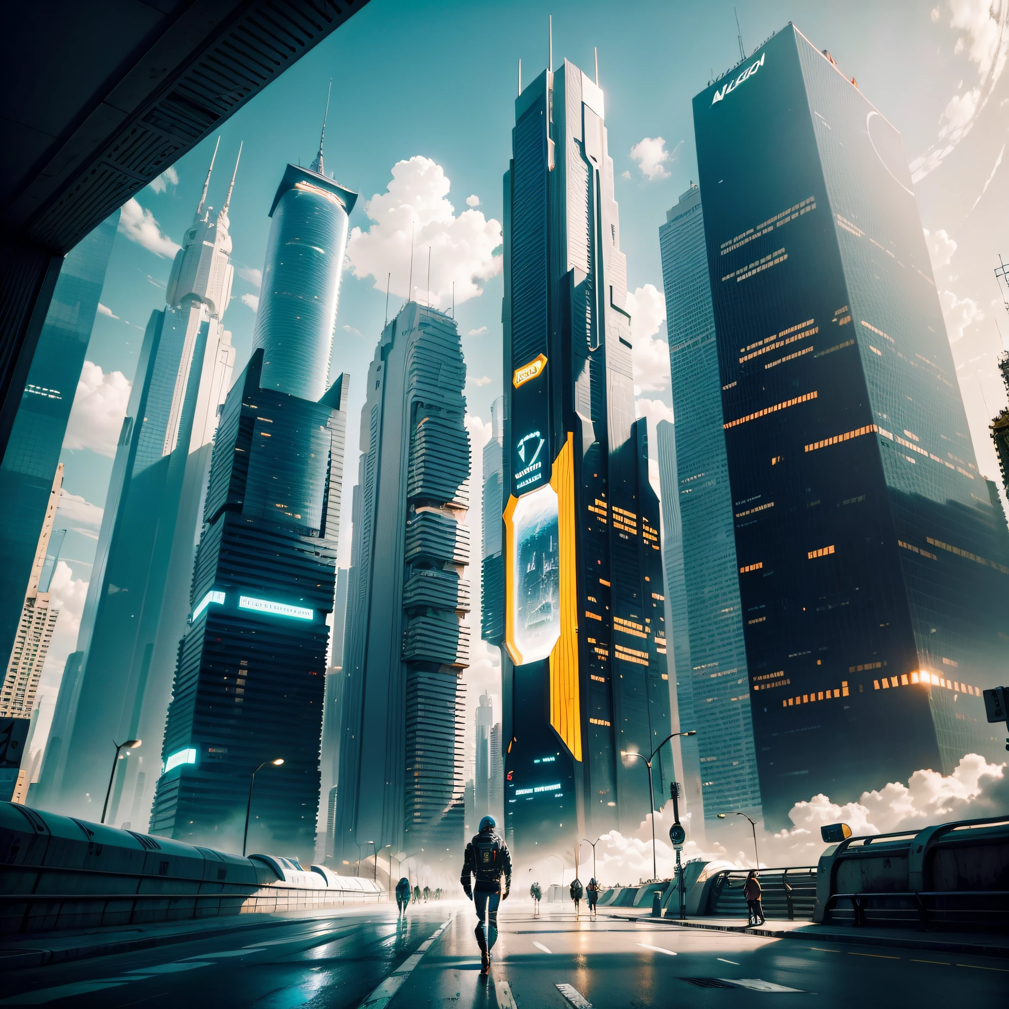 en un paisaje futurista de una ciudad altamente tecnologica, con grandes maquinarias una cyborg pasea por sus calles